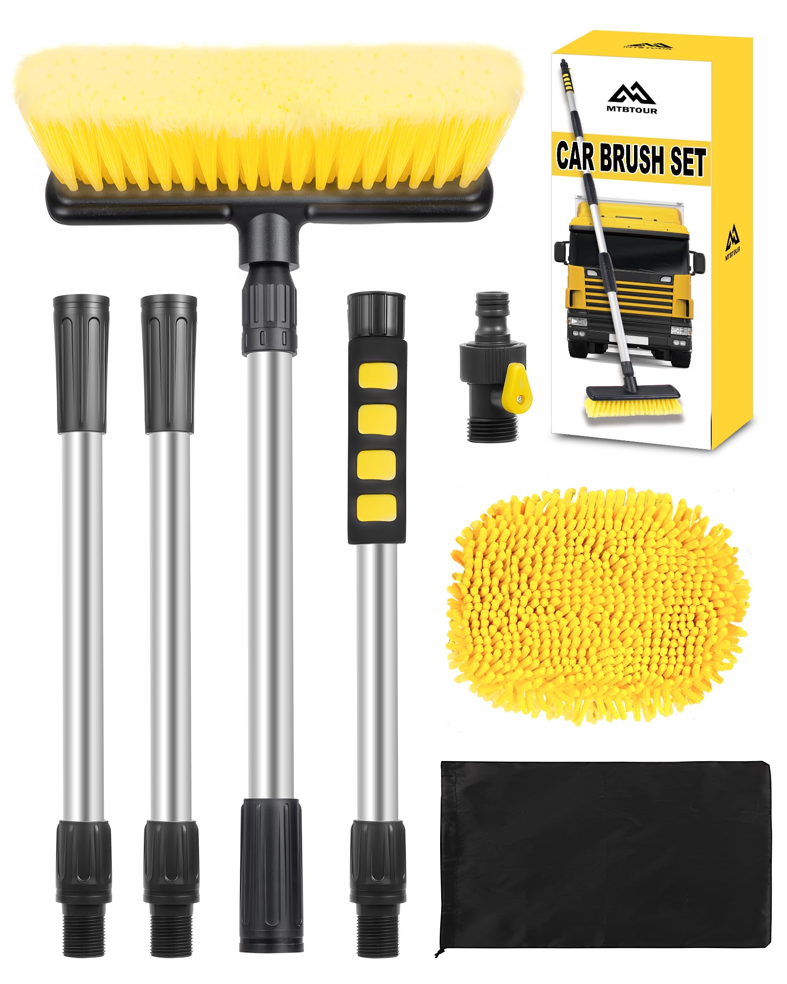 mtbtour Autowaschbürste, 65" 165 cm Autowaschbürste mit Stiel mit Austauschbarem Moppkopf, Aufbewahrungstasche, Waschbürste Auto für Wohnwagen Autos Wohnmobile Lkws Fenster