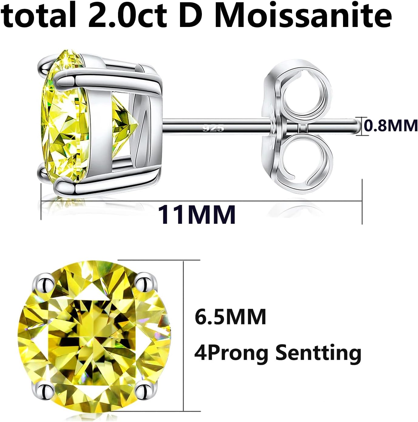 Yellow Moissanite Stud Earrings Women Men 1-4ct S925 Silver Jewelry