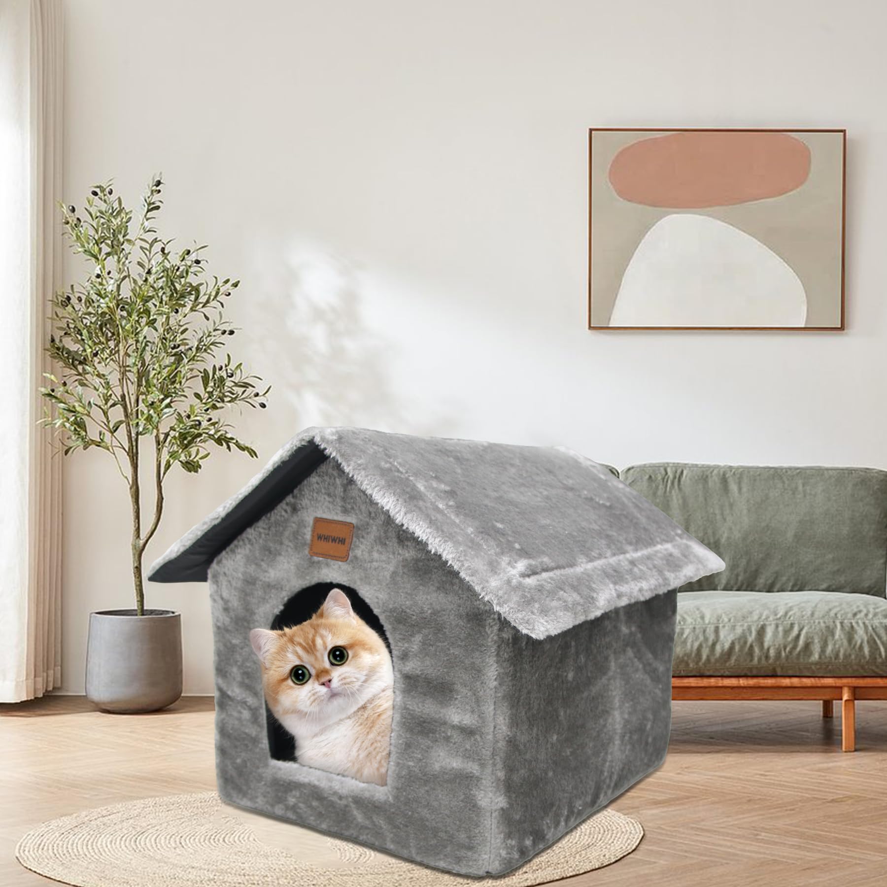 Niche pour Chat d’intérieur avec Coussin en Peluche Maison de Chat Abri Chaud et Confortable Lit pour Chat Panier pour Chat avec Fond Antidérapant 40x35x40cm