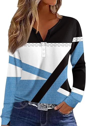 بلوزات نسائية بلوفر صغير بأكمام طويلة من Henley برقبة على شكل حرف V، قمصان متأرجحة لقضاء العطلات على الشاطئ، قمصان تونيك فضفاضة