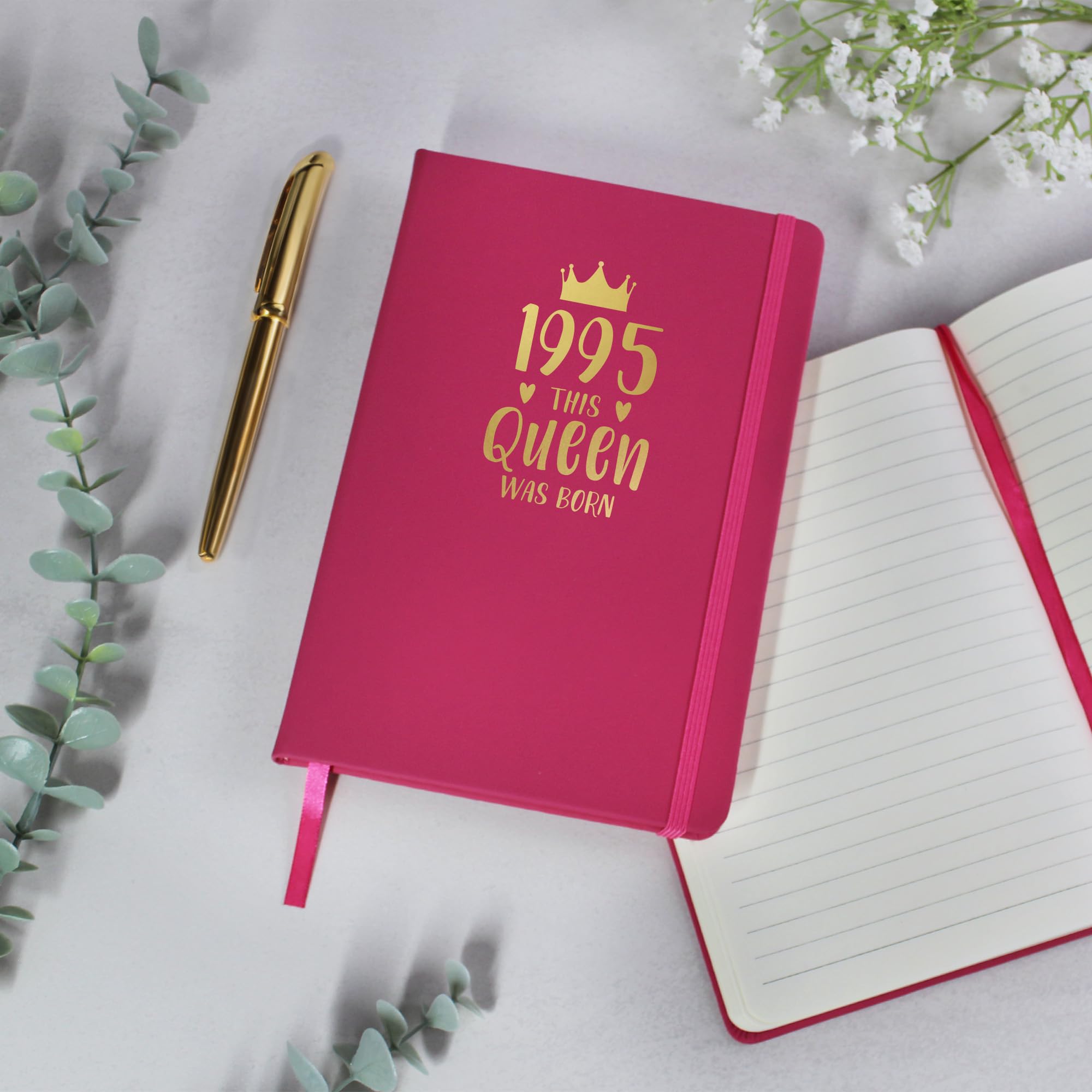 eBuyGB Personalised Pink A5 Lined Hardback Notebook, 1995 This Queen Was Born Notepad in Gold Vinyl, 30th Milestone Birthday Gift for Her, Thirtieth Birthday Gifts for Women, 96 Pages