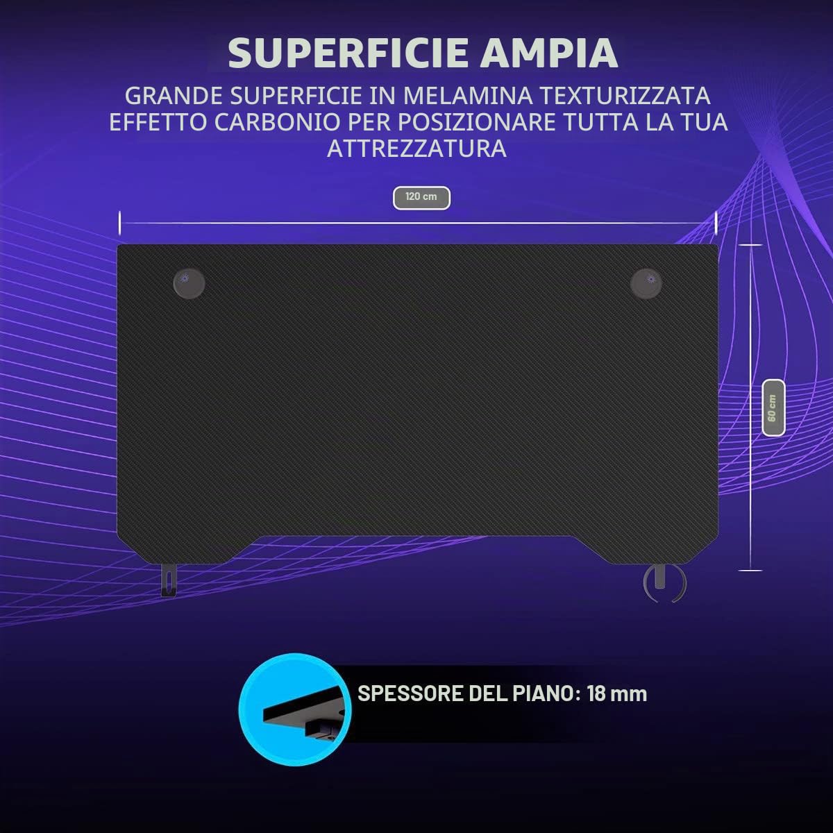 Newskill Belenor, tavolo da gioco ergonomico, 120x60x75cm, struttura in metallo, supporto per cuffie e bevande, struttura in carbonio, gestione dei cavi, fino a 200 kg, nero