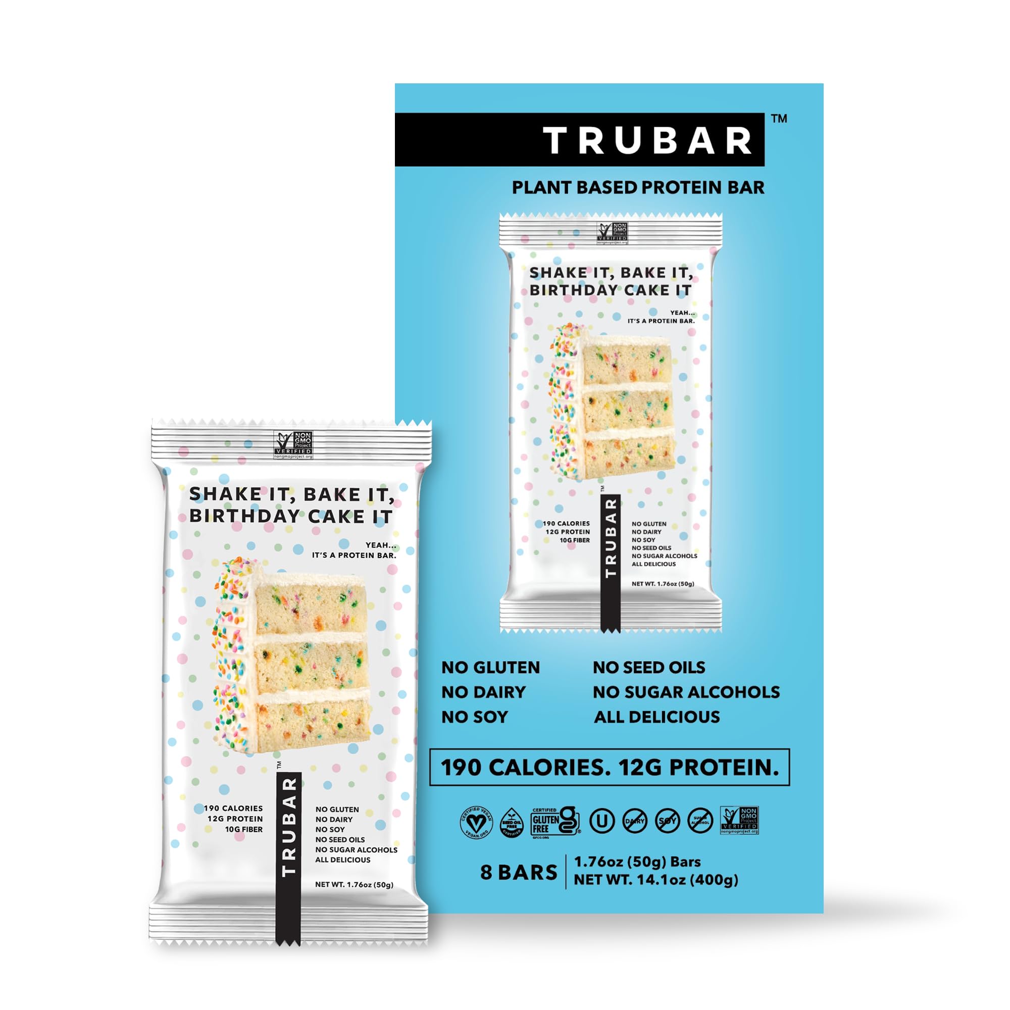 TRUBAR Vegan Protein Bar, Shake it Bake it Birthday Cake it, Gluten Free, Plant Based Protein, Dairy Free, Non GMO, Soy Free, No Sugar Alcohols, 12G Protein, 12G Fiber, 23G Carb, On the Go Snack Bars, 8ct