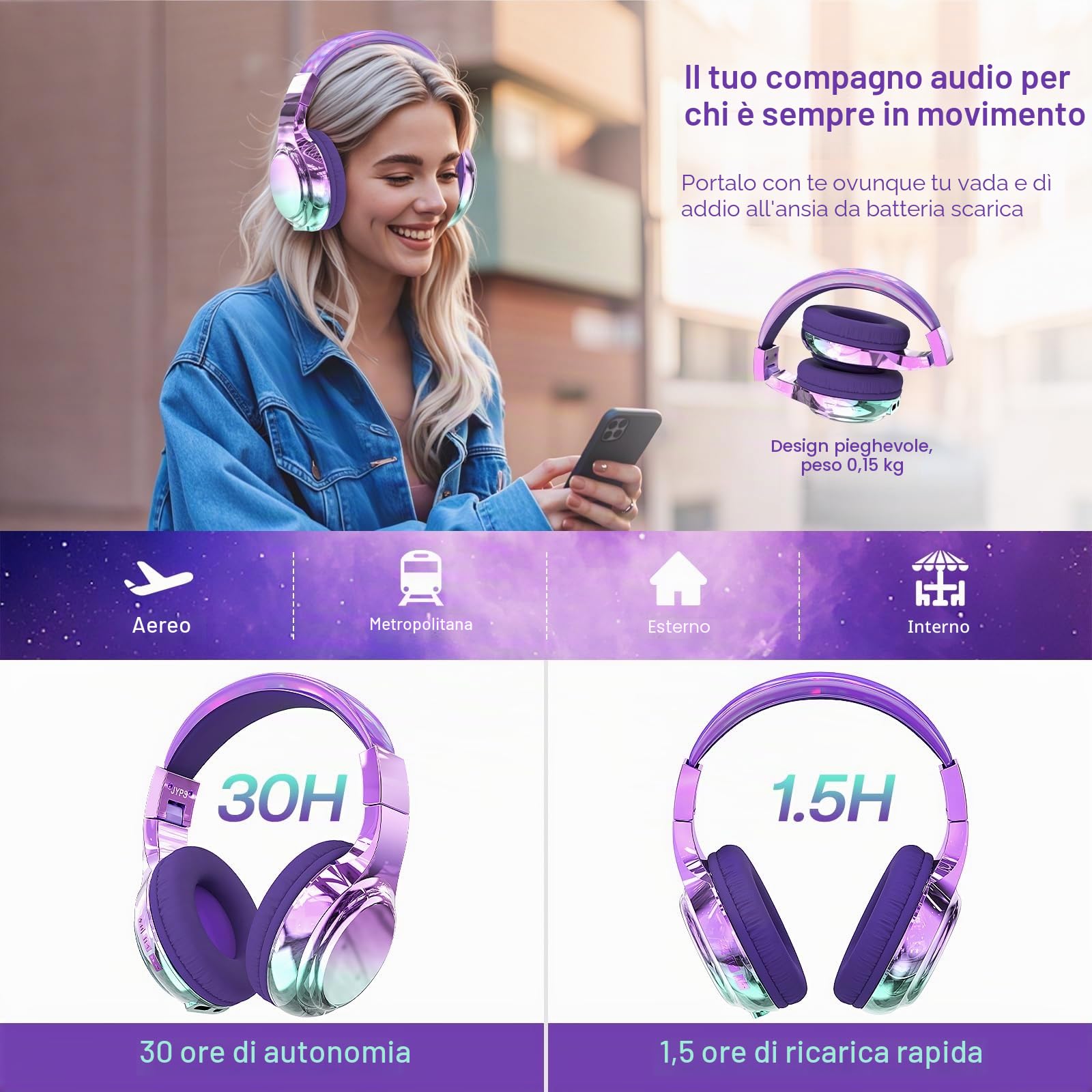 JYPS Cuffie Bluetooth Bambina, Metallico Cuffie Bambini Wireless,Cuffie Bluetooth Over Ear con Microfono per Bambini/Ragazza,Cuffie Senza Fili Pieghevoli Audio Stereo HD per TV/Musica/Scuola (Viola)