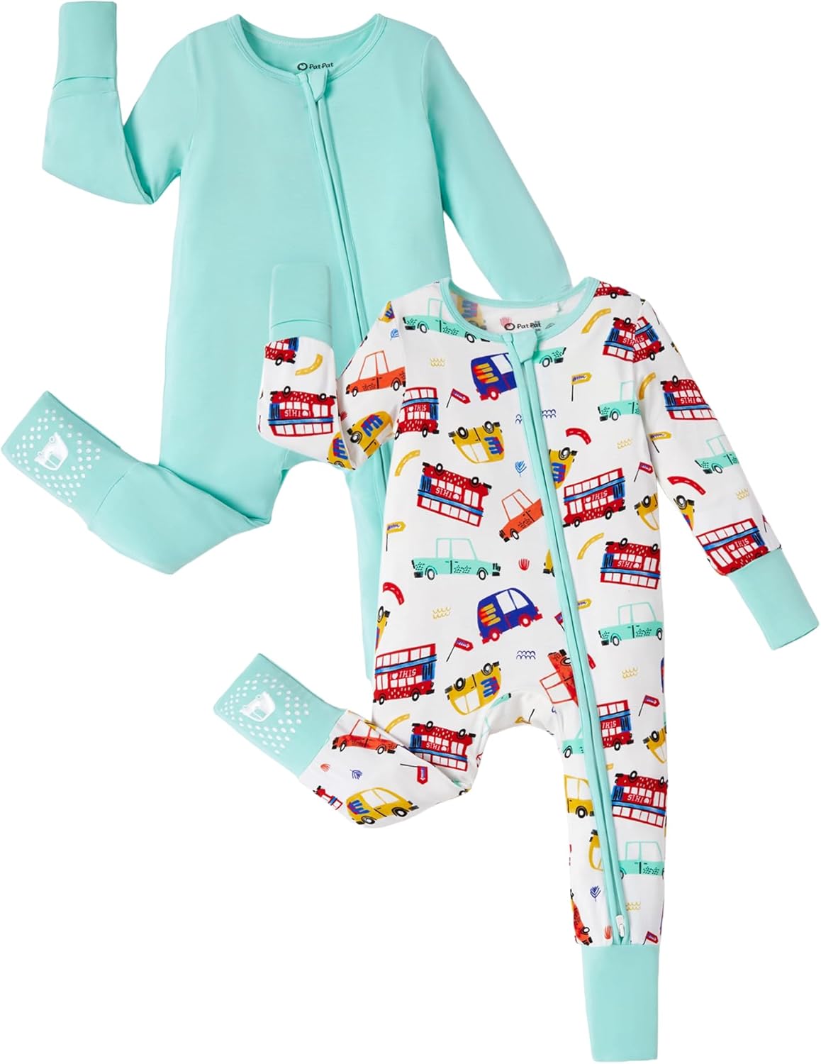 PATPAT Baby Footie Romper, Viscose from Bamboo, Long Sleeve, 2-Way Zipper, Fold-Over Mittens, Cuffs & Anti-Slip Grips