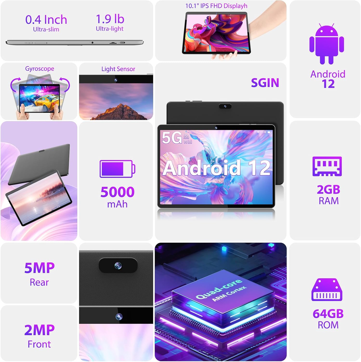 SGIN Tablet Android 12 10,1 Pollici, 64GB ROM + 2GB RAM (512GB TF) Tablet, 2.4G/5GHz WiFi, Processore Quad Core, 5000mAh, IPS 1280 * 800 FHD, Fotocamera 5MP + 2MP, BT4.2, GPS, Type C SGIN Tablet Android 12 10,1 Pollici, 64GB ROM + 2GB RAM (512GB TF) Tablet, 2.4G/5GHz WiFi, Processore Quad Core, 5000mAh, IPS 1280 * 800 FHD, Fotocamera 5MP + 2MP, BT4.2, GPS, Type C