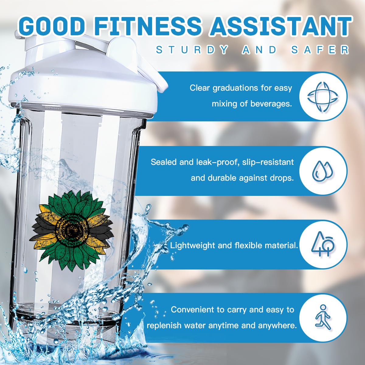 Vintage Sunflower Jamaica Jamaican Flag 18 Ounce Shaker Cup,Fashion Theme Pattern Shaker Bottle Leak-proof Workout Shake Bottles 500ML/18 oz Perfect for Pre Workout White 0