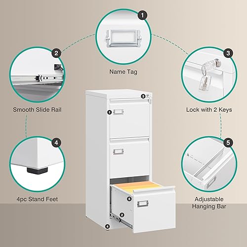 Miniatura 6 de SISESOL Archivador vertical de 3 cajones con cerradura, archivador de acero inoxidable, archivador de metal para organizador de oficina en casa,