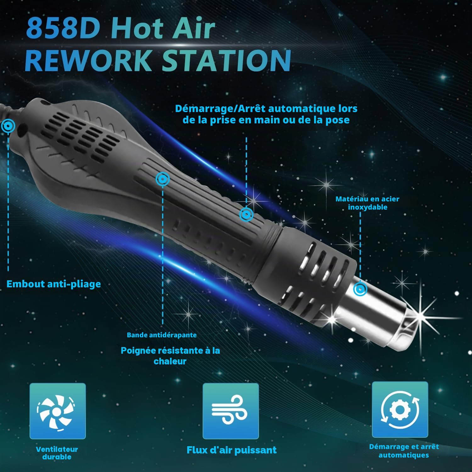 Station de Soudage à Air Chaud 700 W, Station De Soudage à Air Chaud 858D Avec Écran LED, 3 Buses, Température Réglable De 100 à 450 °C, Station De Dessoudage SMD Pour Bricolage, Réparations