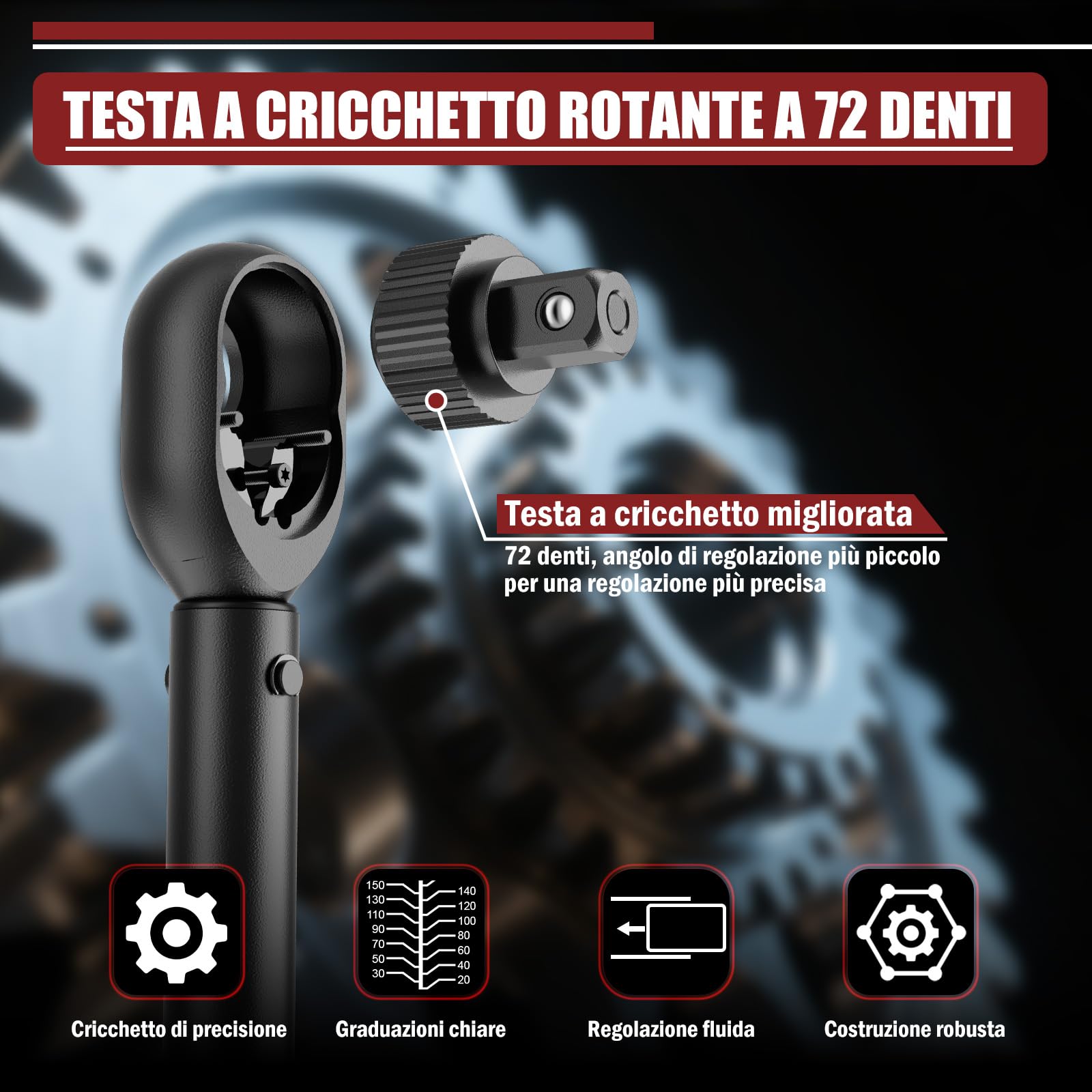 Chiave Dinamometrica 1/2" 20-230 Nm - 6 Pezzi Chiave Dinamometrica Auto, Cricchetto a 72 Denti, con Barra di Prolunga & Adattatore da 1/2 "a 3/8" & Bussole 17mm/19mm/21mm, per Auto, Moto, Cambio Gomme