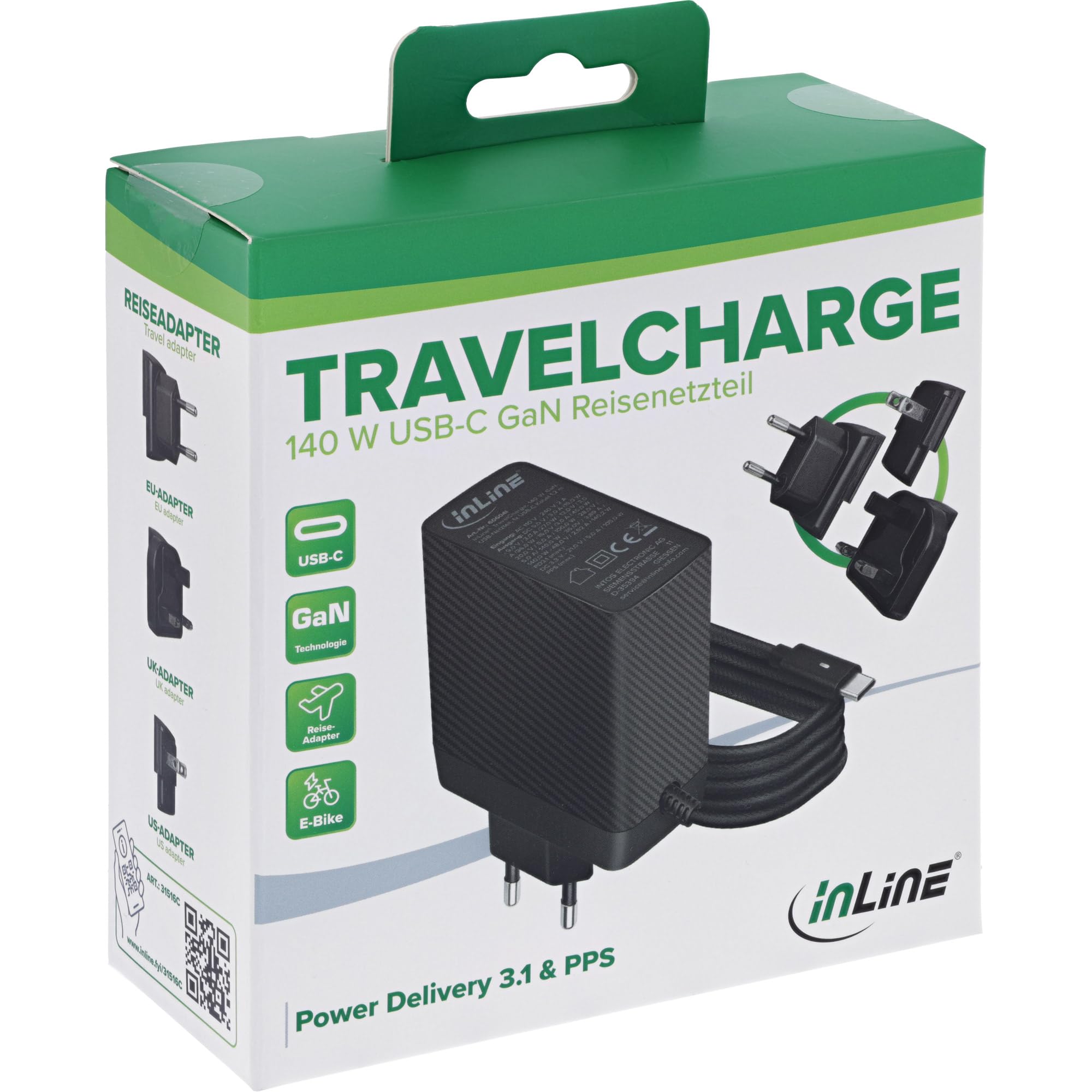 Inline TravelCharge 31516C - Fuente de alimentación USB-C de 140 W con tecnología GAN, Carga rápida, Cable Fijo de 1,2 m, Incluye Enchufe de Enchufe UE/UK/US, Cargador para portátiles, tabletas