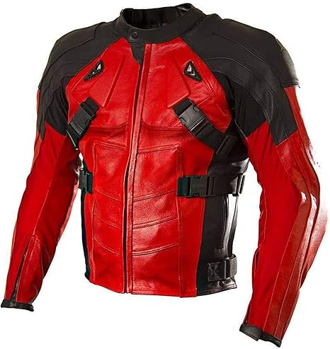SpazeUp Red Men's Modern Leather Motorcycle Jacket - Armored