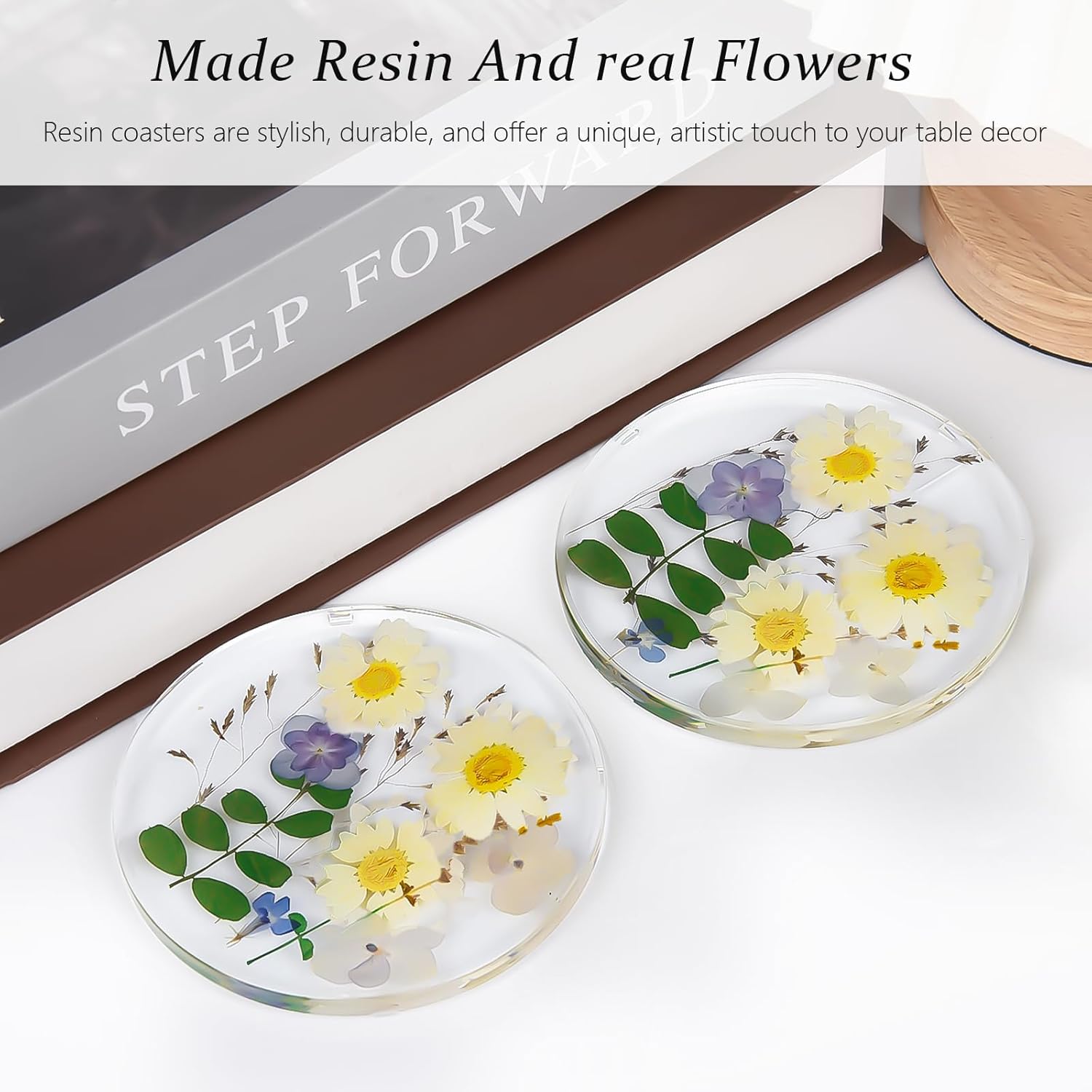 Drink Coasters Set of 6: Crystal Transparent Flower Coasters - Resin Coaster for Desk (6, White Flower)