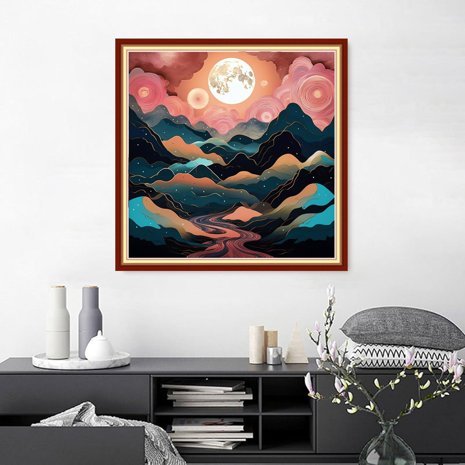 Findvoor Stamped Cross Stitch Kits for Beginners Full Range of Cross Stitching Embroidery Pattern for Adults, 11CT DIY Needlepoint Embroidery Starter Kits-Moon Mountains Rivers 17.7x17.7 inch