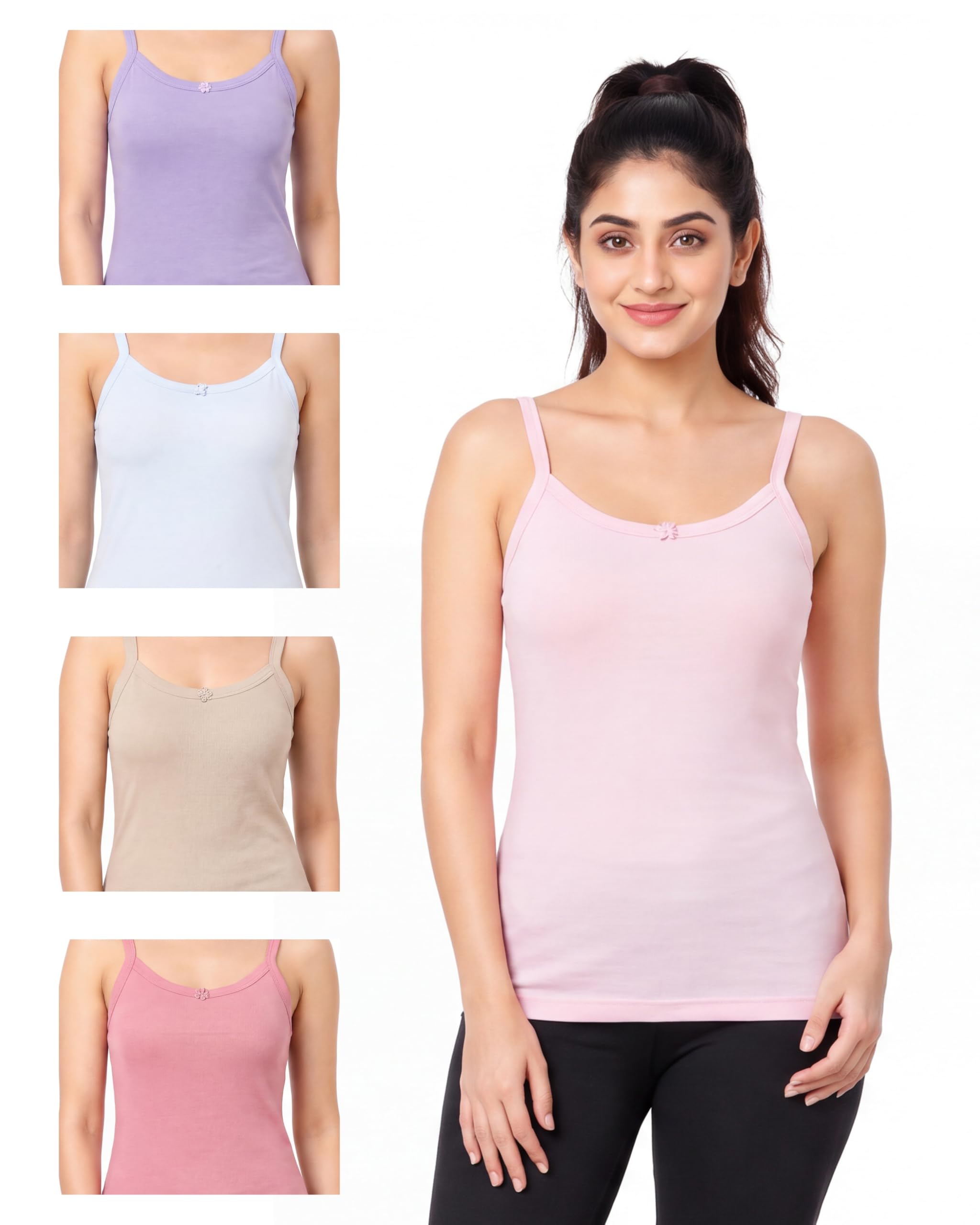 opex Women's Nia Cotton Camisole Vest | Soft Sleeveless Innerwear with Fixed Straps | Breathable Everyday Layering Camisole for Women (Pack of 5-picture-49