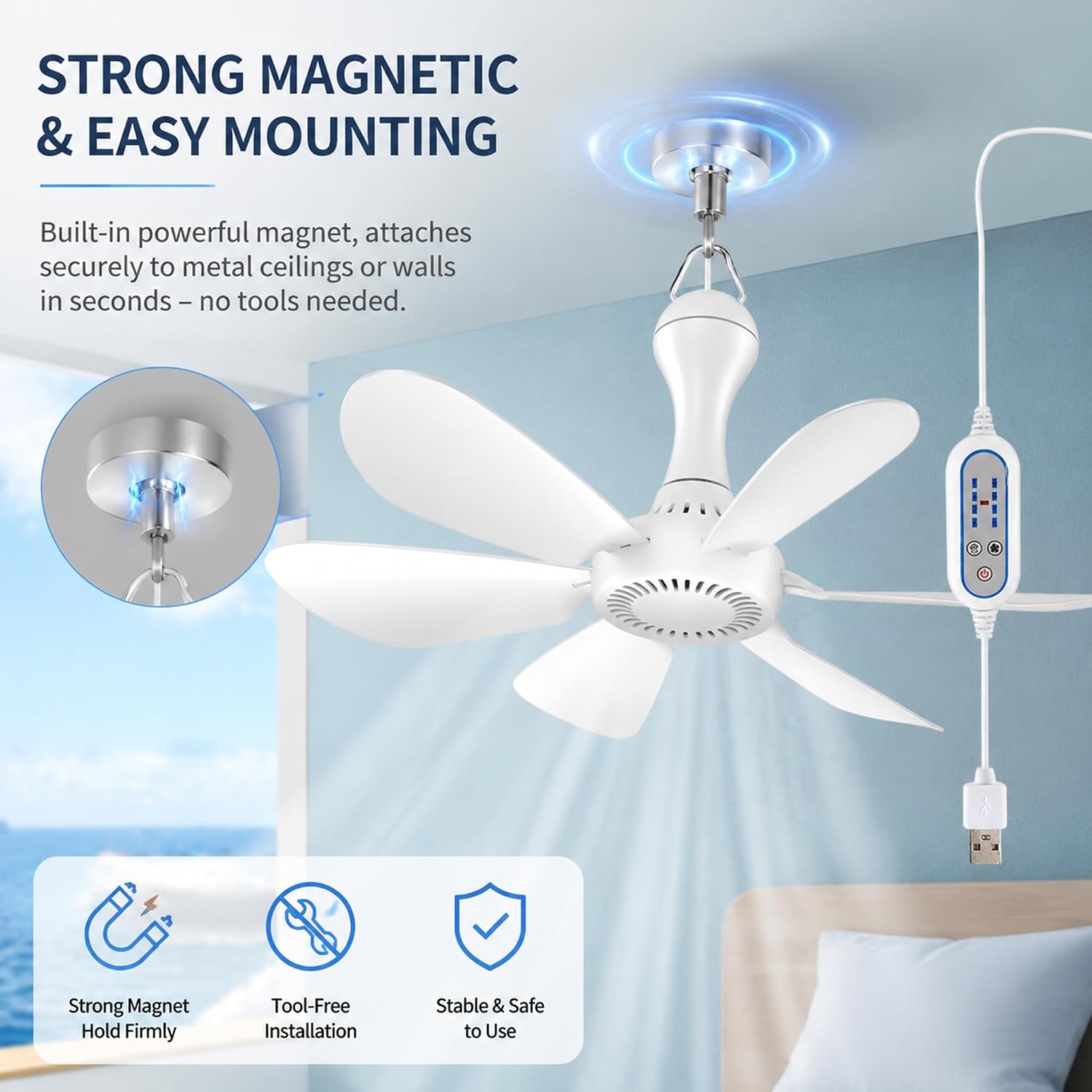 Collapsible Ceiling Fan for Cruise Ship, Magnetic USB Powered Detachable and Foldable Small Travel Fan for Cruise Cabin Inside Stateroom Dormitory Bed Tent (Fan +Timer +Remote Control +12.1ft Cord)