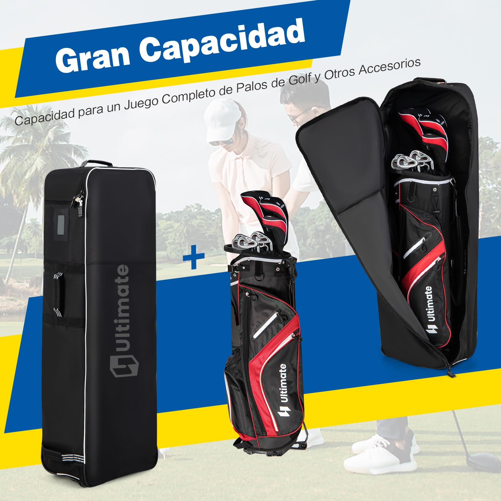 COSTWAY Bolsa de Viaje de Golf con Ruedas, Tejido Oxford Resistente con Tarjetero, Cremallera de 2 Vías y Cerradura, Funda de Viaje Plegable y Portátil para Palos de Golf con Asas