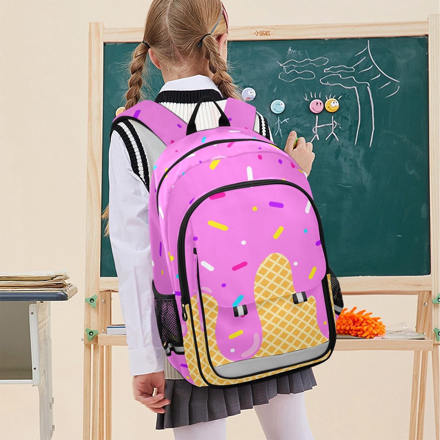 Kids Backpack for Boys Girls Bookbags Elementary Backpack Pink Ice Cream School Bags Travel Daypack Lightweight Waterproof with Reflective Strip - Image 7
