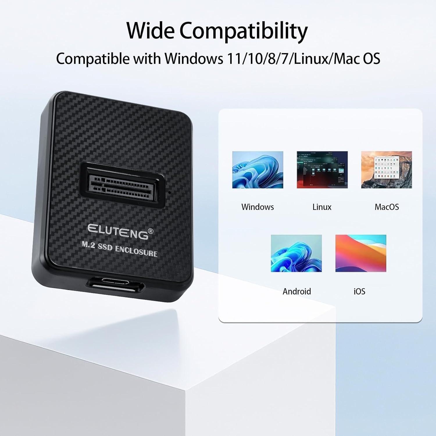 Image showing wide compatibility of the ELUTENG adapter with various operating systems: Windows, Linux, MacOS, Android, and iOS.