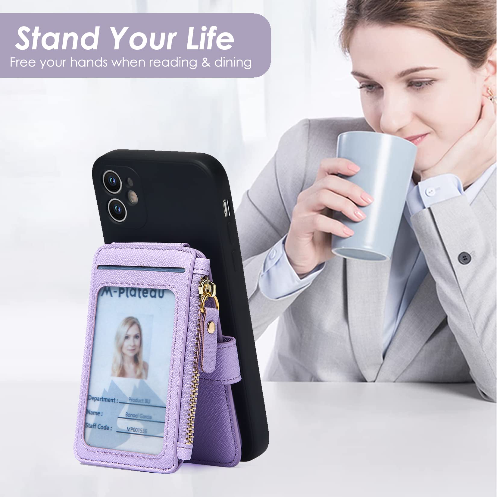 M-Plateau Cartera pequeña para mujer, soporte para tarjetas de crédito para mujer, adhesivo 3M, cartera para teléfono compatible con funda iPhone 14 Pro y la mayoría de teléfonos inteligentes (morado)