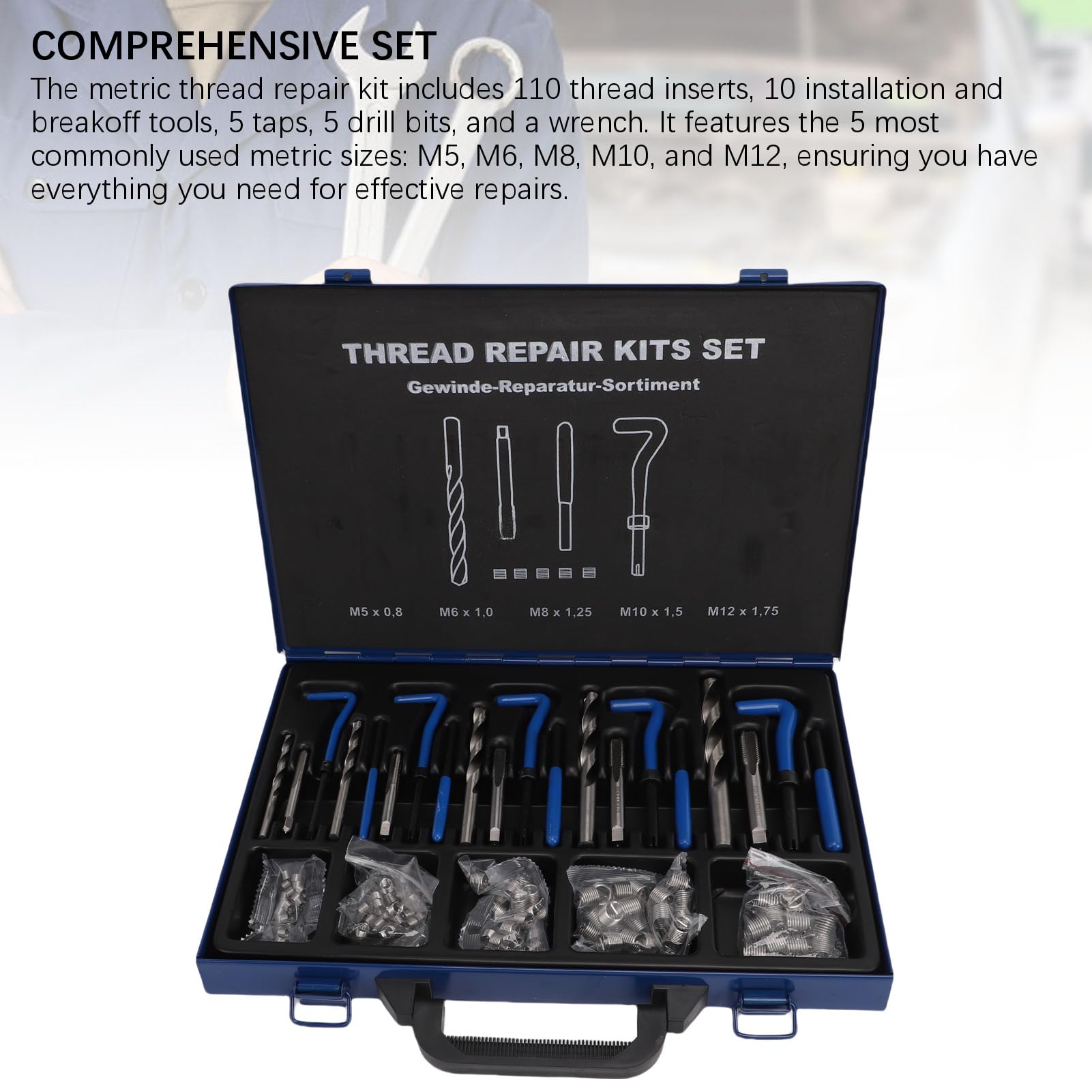 131PCS Kit di riparazione filettatura metrica elicoidale M5 M6 M8 M10 M12 Dimensioni Punte da trapano complete Inserti filettati Rubinetti Strumenti per riparazioni