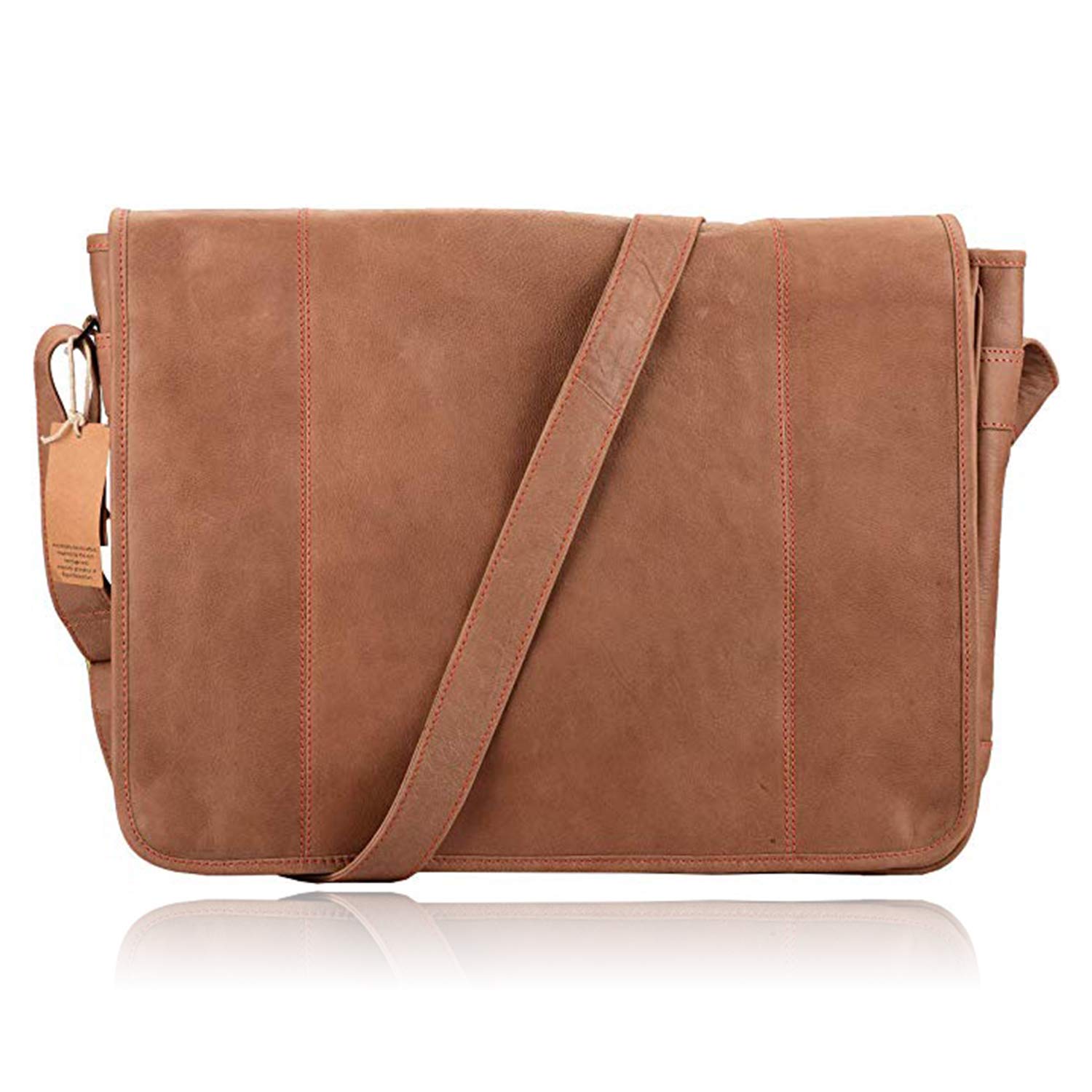 MANDAVAMen's 16” Inches Flapover Cross Body Full Grain Leather Messenger Bag Shoulder Laptop Bag Mb121 16” X 13.5” X 4.5” INCHES Beige