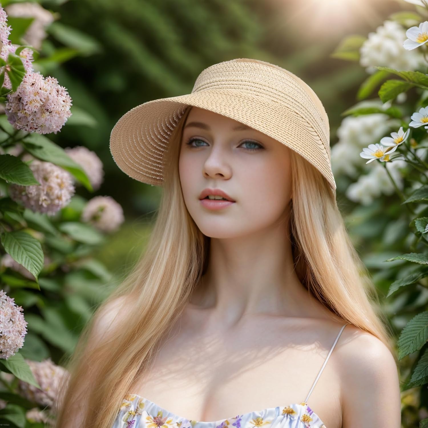Fumwase Sun Visors for Women Foldable Straw Visor Beach Hat Uv Protection Wide Adjustable Cooling Summer Cap for Travel