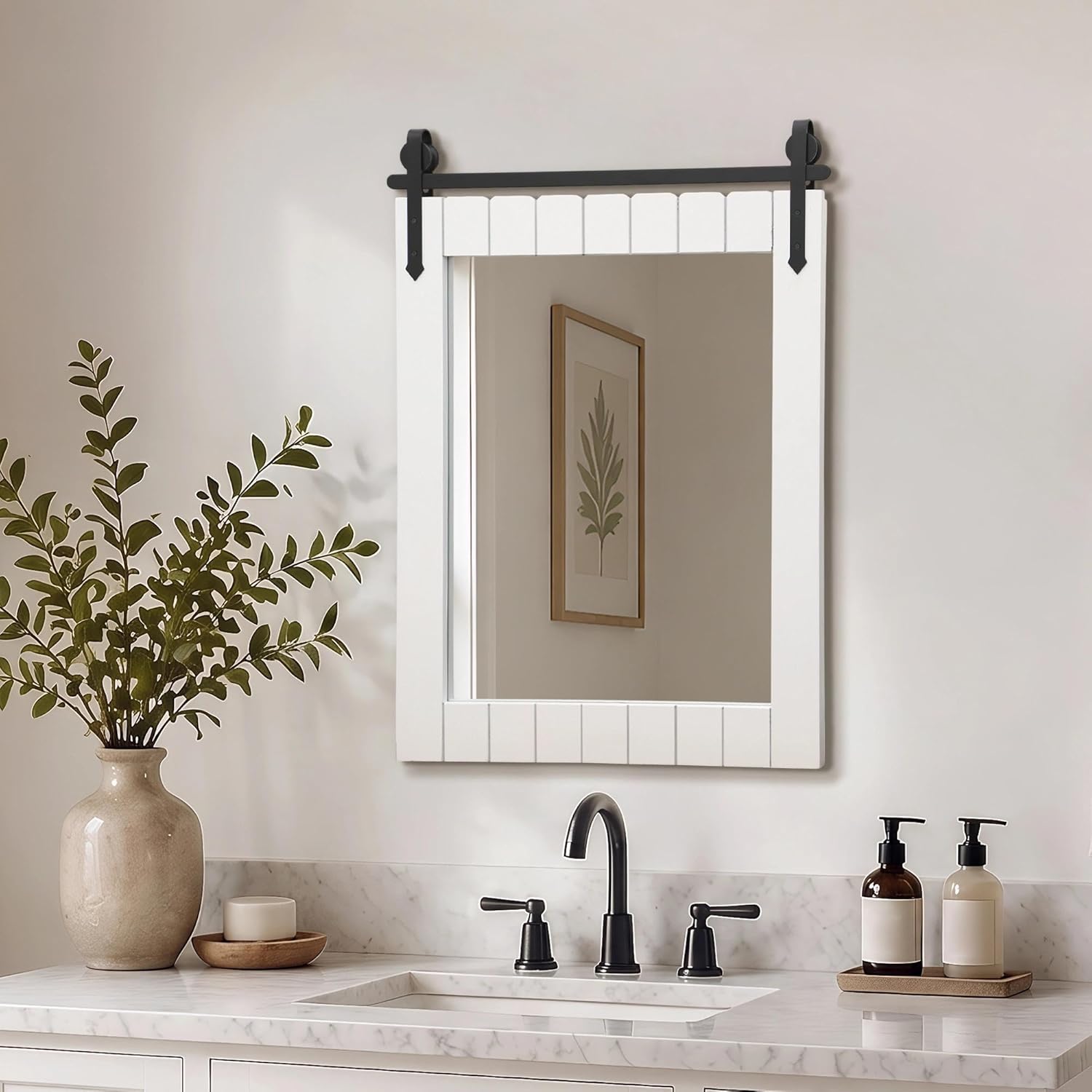 Besdomus Rustic Bathroom Farmhouse Mirror: 22"x30" White Western Barn Door Solid Cedar Wood Frame Vanity Mirror - Wall Mounted for Bathroom/Hallway/Living Room - Rustic Decor for Fashion-Conscious