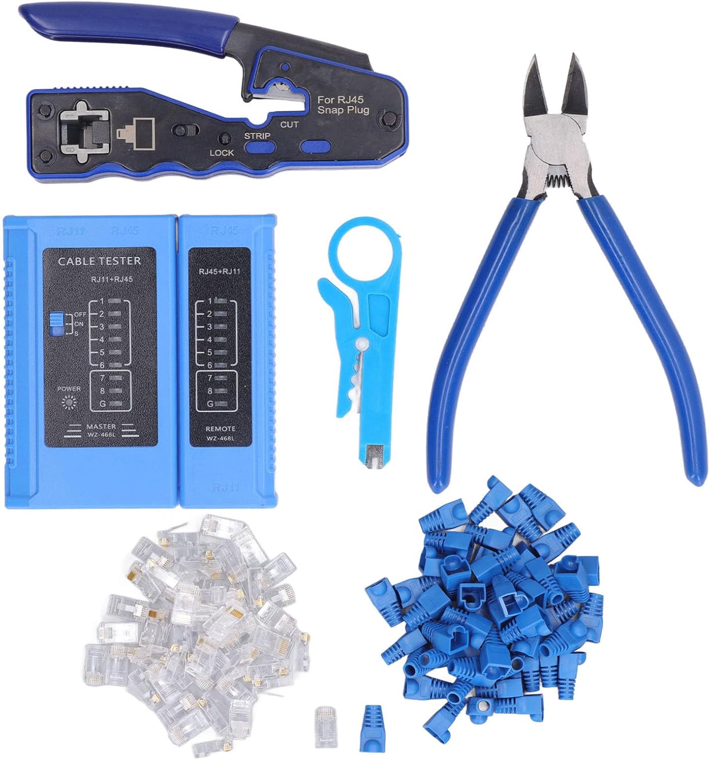 RJ45 Crimp Tool Kit for Cat5e Cat6 Cables, Multifunctional Crimping Pliers with Wire Stripper, Integrated Cutting Peeling Functions, Mini Design for Easy One Handed Operation,
