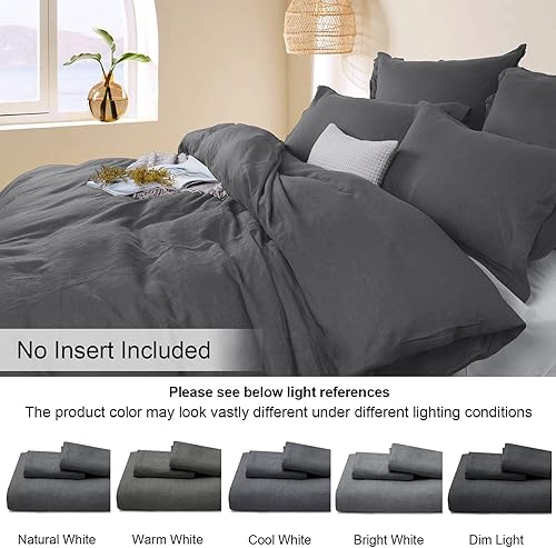 Miniatura 6 de PHF Juego de funda de edredón de lino tamaño Queen, juego de funda de edredón de mezcla de lino francés mejorado, cómodo y elegante para personas