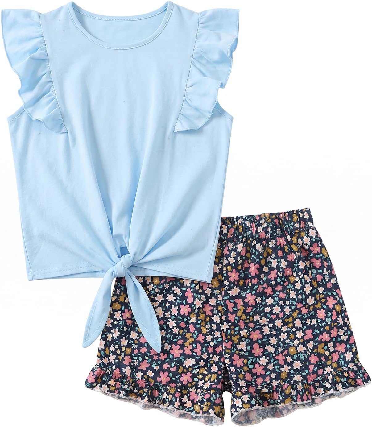 Girls Summer Outfits Flutter Sleeve Twist Front Tops and Cute Shorts 2 Piece Shorts Set
