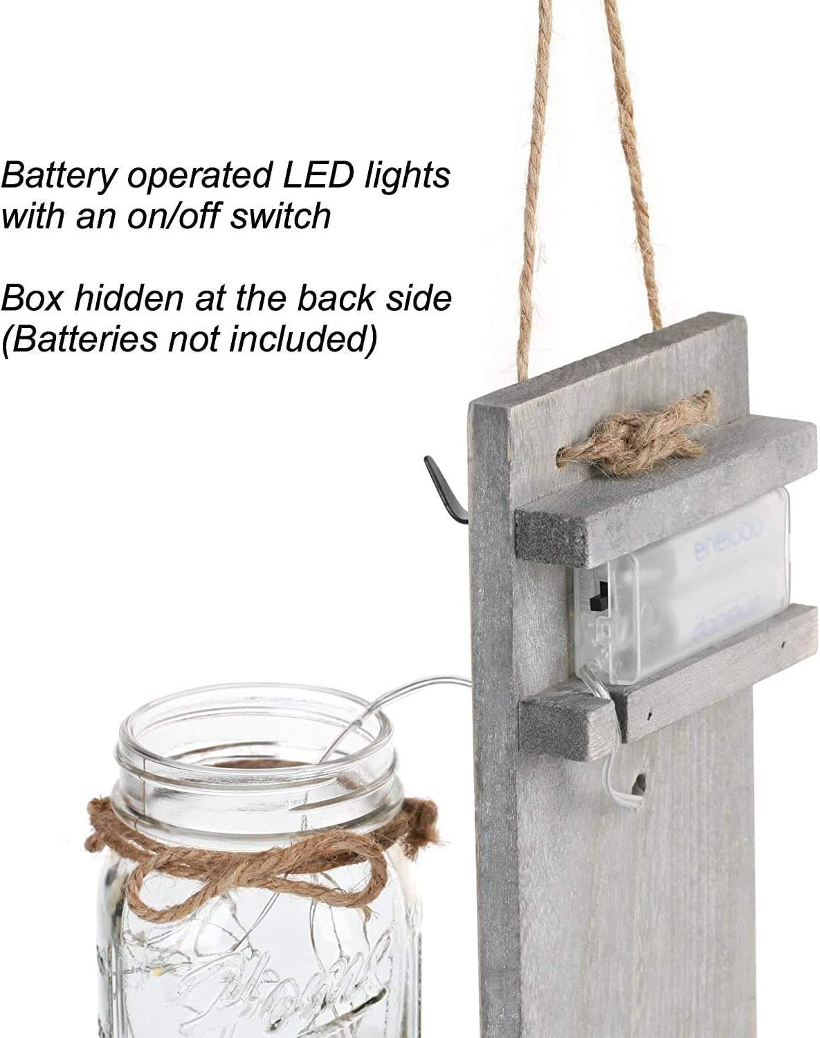 iDECOE Premium Mason Jar Wall Decor Sconces - Rustic Grey Decorative Wall Decor with LED String Lights, 6 Hours Auto Timer, Wrought Iron Hooks, Silk Hydrangea Flower for Home Decoration (Set of 2)