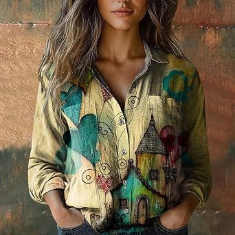 Tops for Women Trendy Summer 2025 Floral Print Color Block T-Shirts Long Sleeve V Neck Blouses Loose Fit Outfits