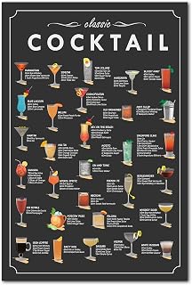 16x24" - Classic Cocktails Poster Unframed, Cocktail Mixology Recipe Wall Art, Guide Menu Cocktail Print, Alcohol Bar, Kitchen Home, Drink Alcoholic, Pub Restaurant, Bar Accessories Decor (No Frame)