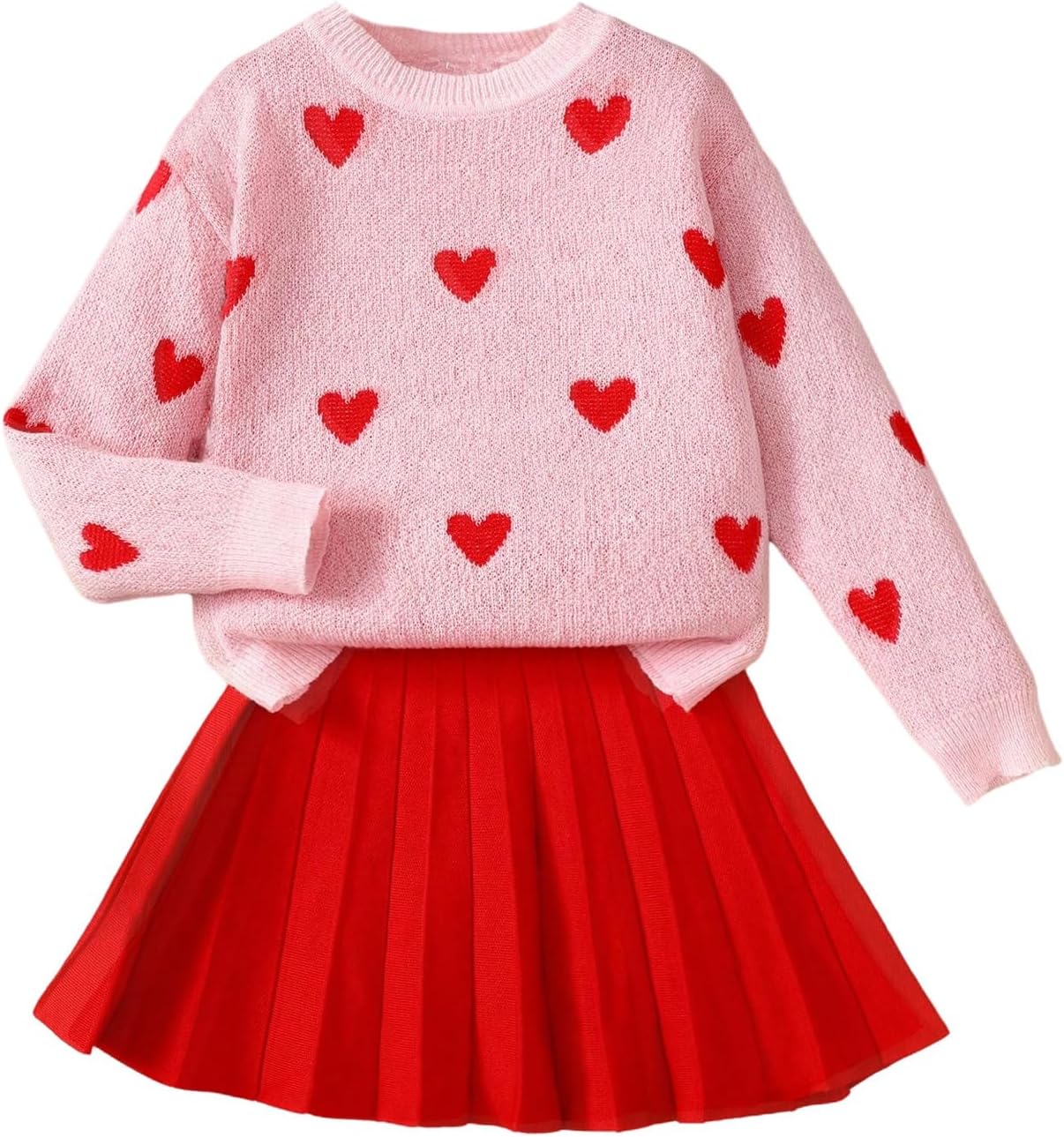RoseSeek Girl's 2 Piece Cute Outfits Heart Long Sleeve Knit Sweater and Pleated Skirts Preppy Trendy Fall Winter Clothes