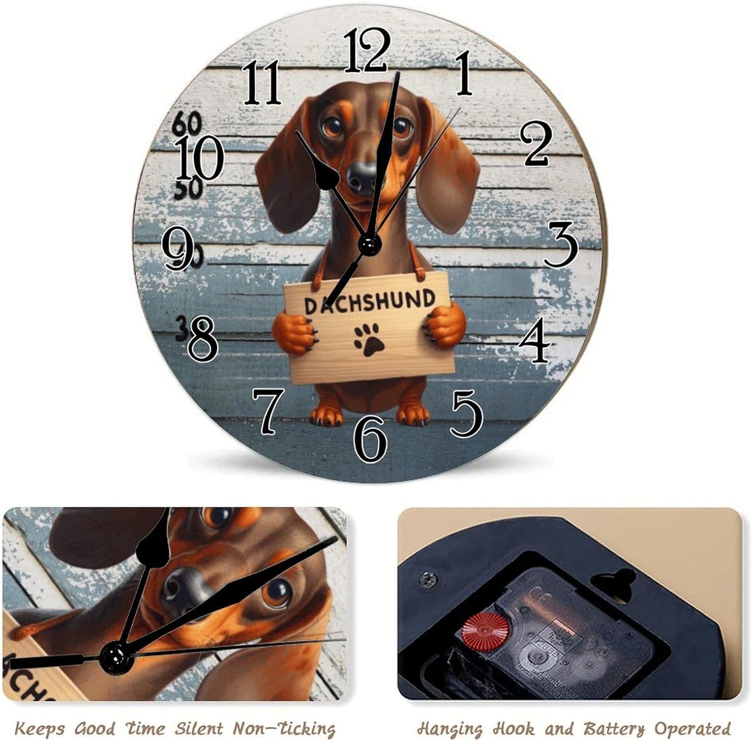 Dachshund Funny Prisoner Dog Clocks Dachshund Dog Police Lineup Home Decorative Clocks Battery Operated Round Wood Clock Pet Memorial Decorative Wall Clock for Bathroom Bedroom 15x15in