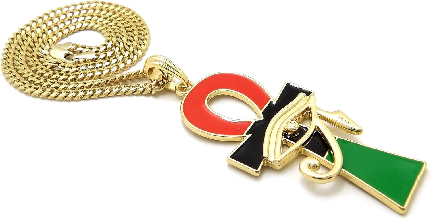 Eye of Horus on Pan African Color Ankh Pendant 16"/18"/20"/24" Box, Cuban, Rope Chain Necklace in Gold or Silver Tone