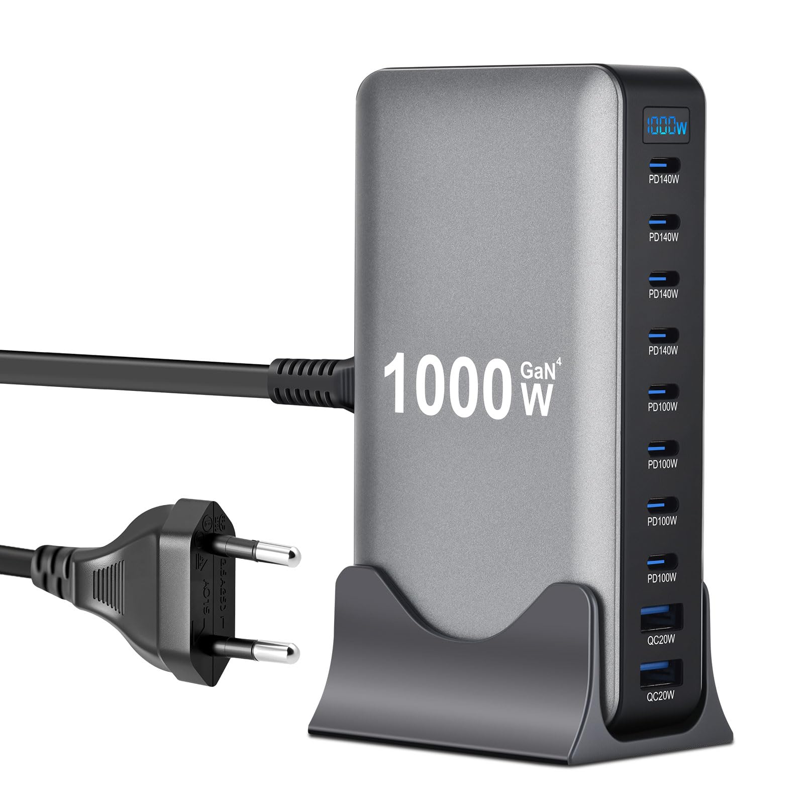 1000W USB C Ladegerät Mehrfach 10 in 1 GaN 4 Laptop Schnellladegerät Ladestation Max PD140W/QC20W (8C+2A) Kompatibel mit MacBook Pro/Air, iPad, iPhone, HP, Galaxy S25 usw (Grau)