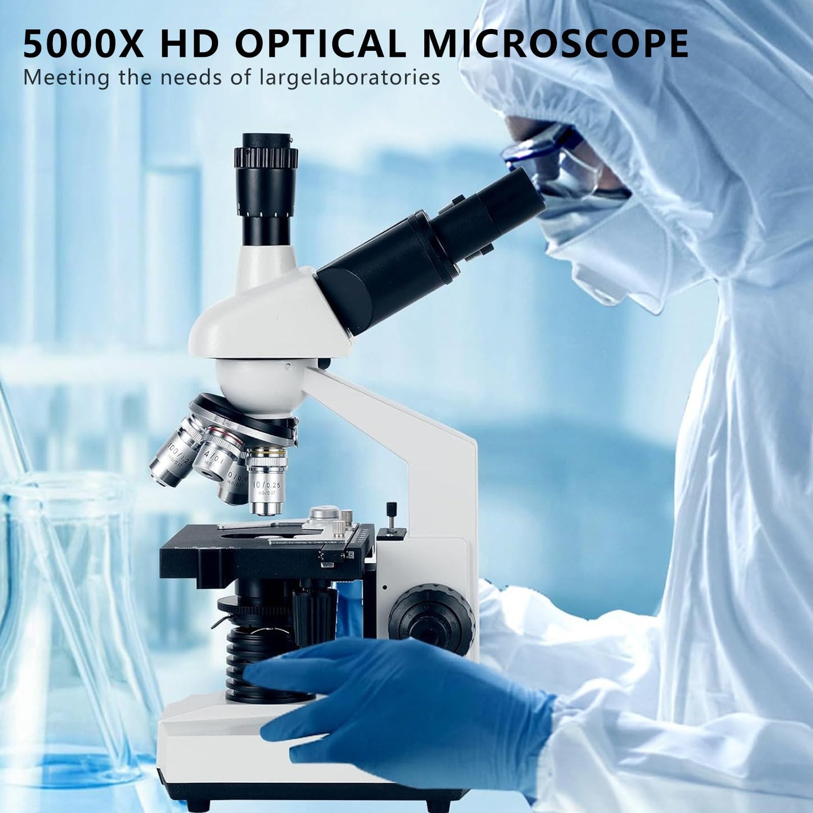 Microscopio BiolóGico Educativo para Estudiantes, Platina MecáNica De Doble Capa Y Perilla De Enfoque Grueso/Fino Coaxial, Microscopio Trinocular Compuesto,5000X+A