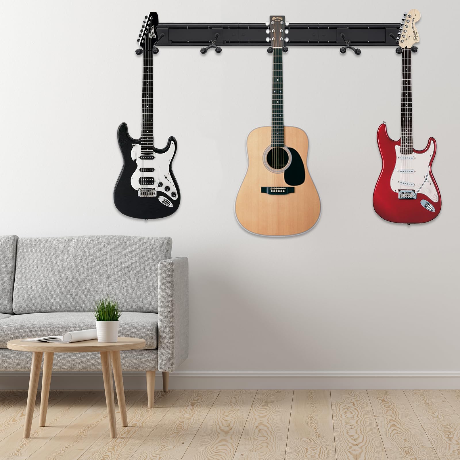 Soporte de pared para guitarra, soporte de pared, soporte para guitarra, 5 ganchos, 130 cm, para salón, estudio, sala de música
