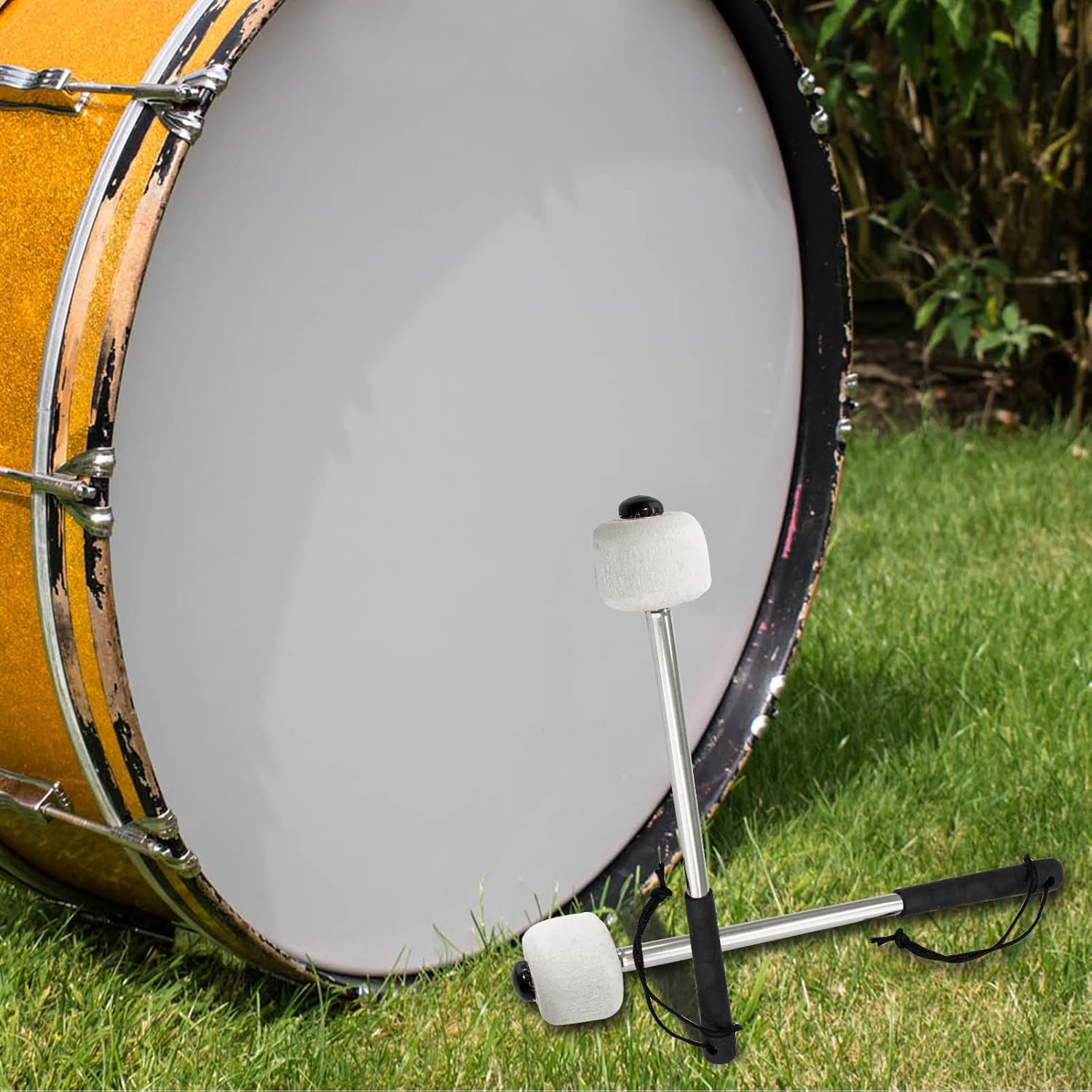 2Pcs Bass Drum Mallet, 12.6 Inch Wool Felt Head Drum Mallet Stick Anti-slip Bass Percussion Sticks Instrument Band Accessory for Drums Snare Drums (Stainless Steel)