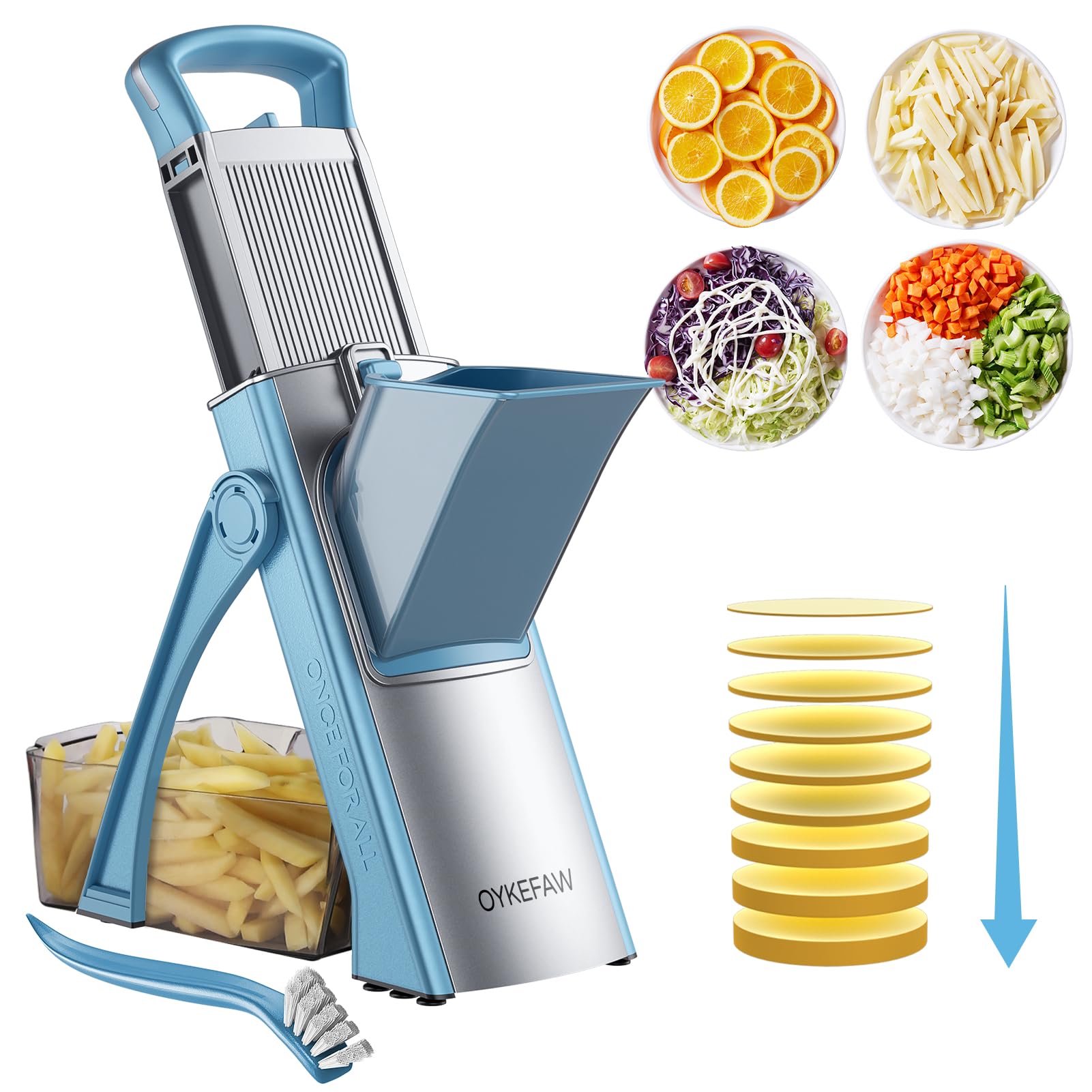 Safe Mandoline Slicer for Kitchen, 6 in 1 Vegetable Chopper, French Fry Cutter For Potatoes, Potato Slicer,Food Chopper,Adjustable Thickness 0.1-8 mm, With Peeler/Cleaning Brush (Blue)