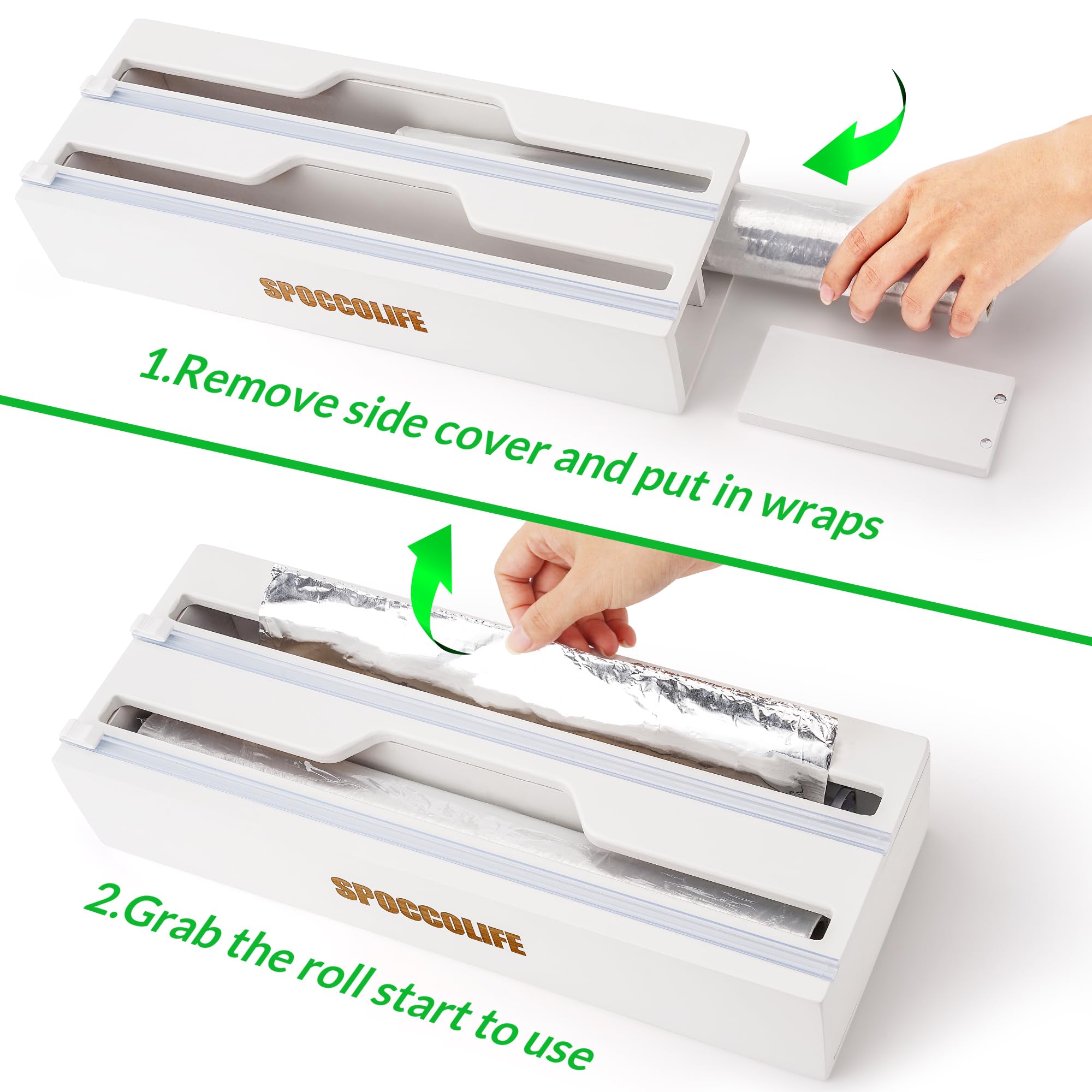Dispensador y cortador de papel de aluminio y película adhesiva, compatible con rollos de 35 cm de ancho, organizador de papel de cocina para papel de pergamino (blanco)
