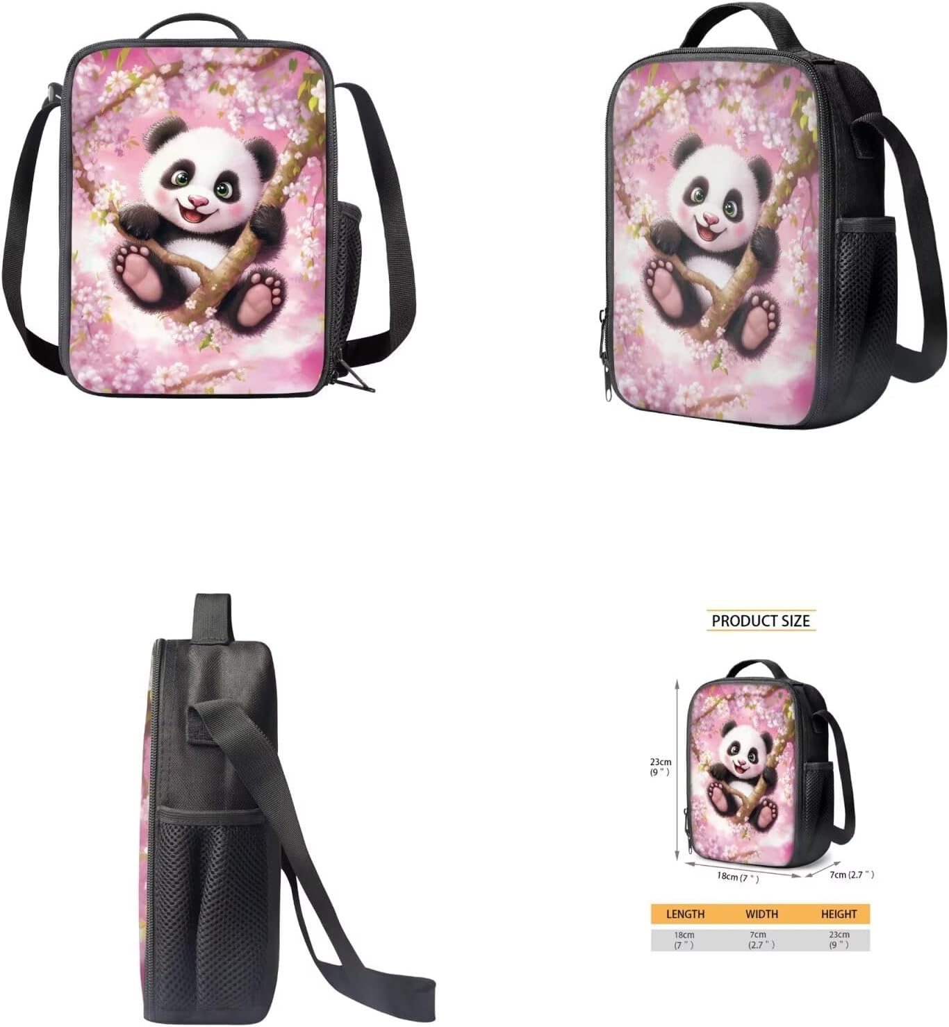 Cherry Blossom Panda Backpack for Kids Girls Backpack with Lunch Box Water Bottle Bag and Zipper Pencil Case 4Pcs Set 17" Bookbag with Side Pockets for School Lightweight Elementary School Bag