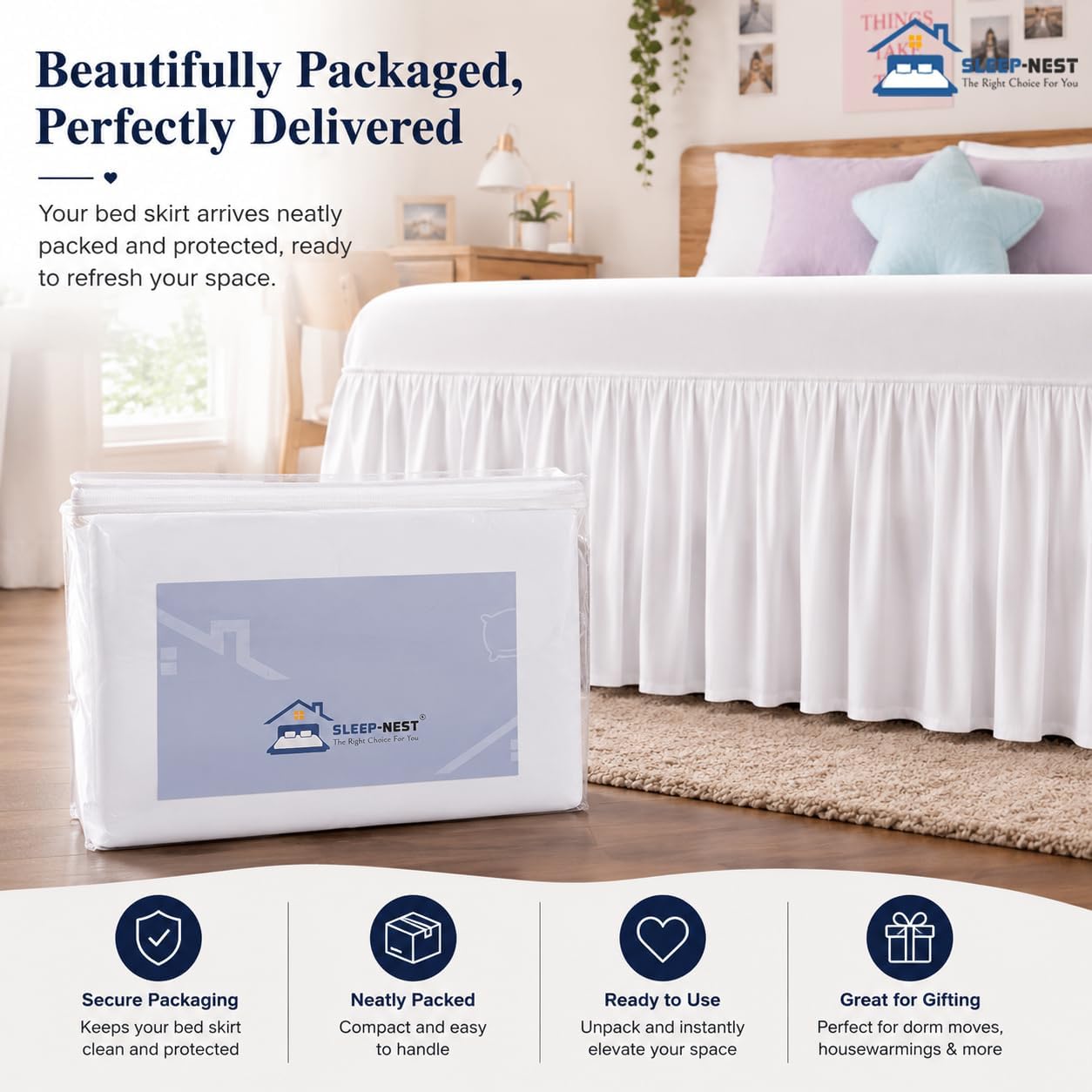 SLEEP-NEST Dorm Bed Skirt Twin XL 36 Inch Drop - Split Corner Dust Ruffle Bed Skirt with Durable Platform - College Room Essential, Extra Long Drop, Easy to Install, Twin XL 39" x 80" - White