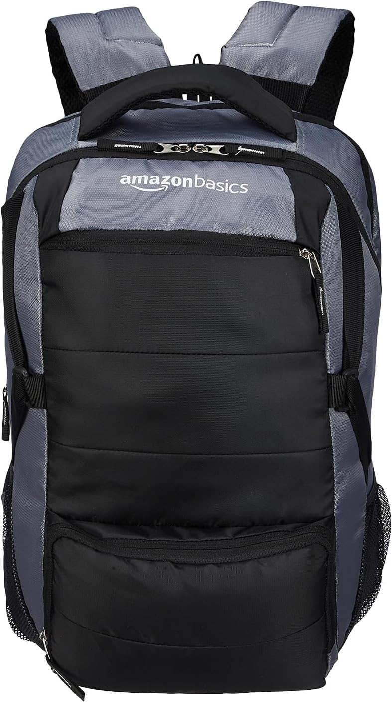 Amazon Basics 29 L 5 Compartment Laptop Backpack for Unisex | Spacious Front Pocket and Back Padding | For Travel, Outdoor, College | 34 L x 20 W x 48.5 H cm | Grey, Black