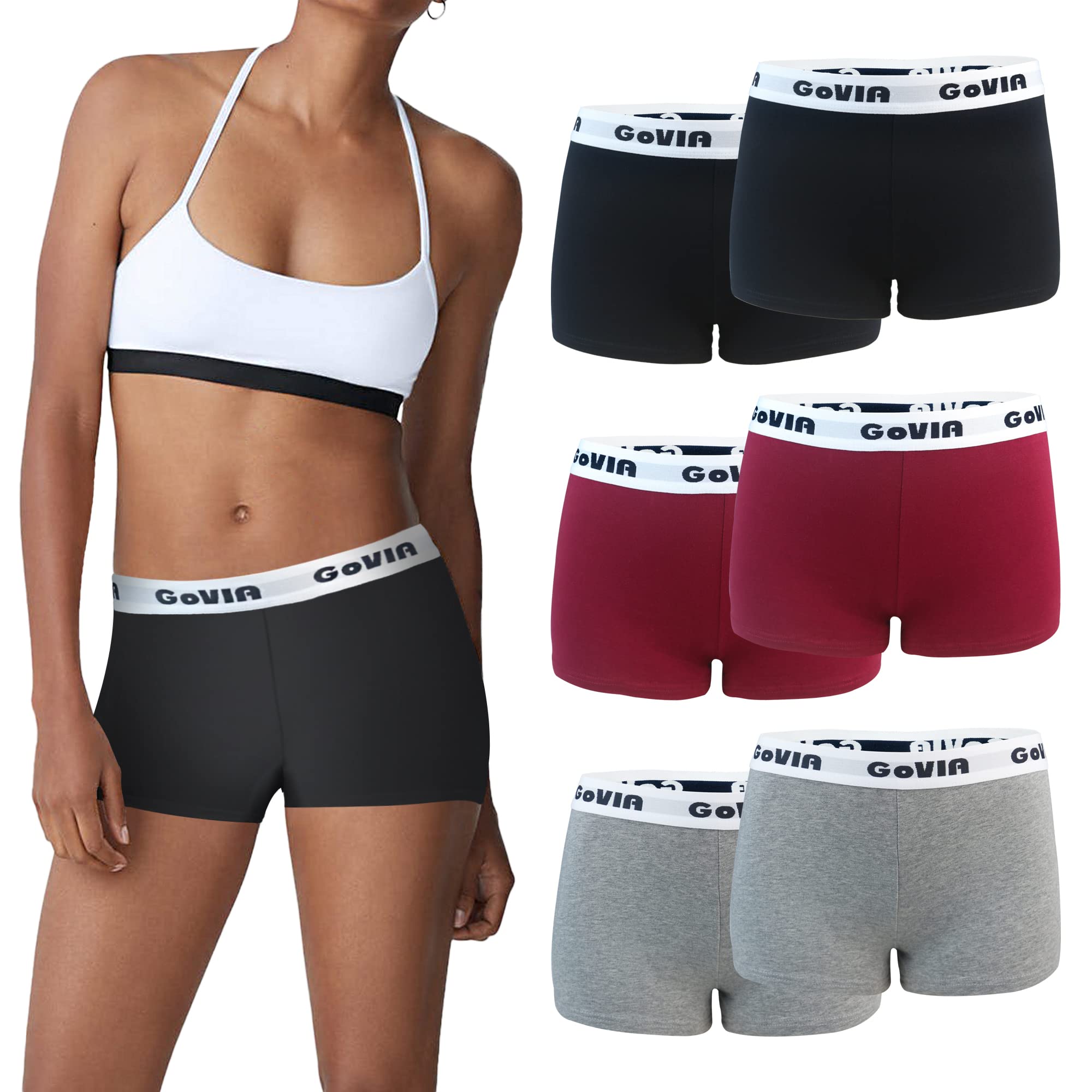 GoVIAWomens Boxers Underwear,Women's Boyshort Cotton Boxer Briefs Panties Pack of 6,3921