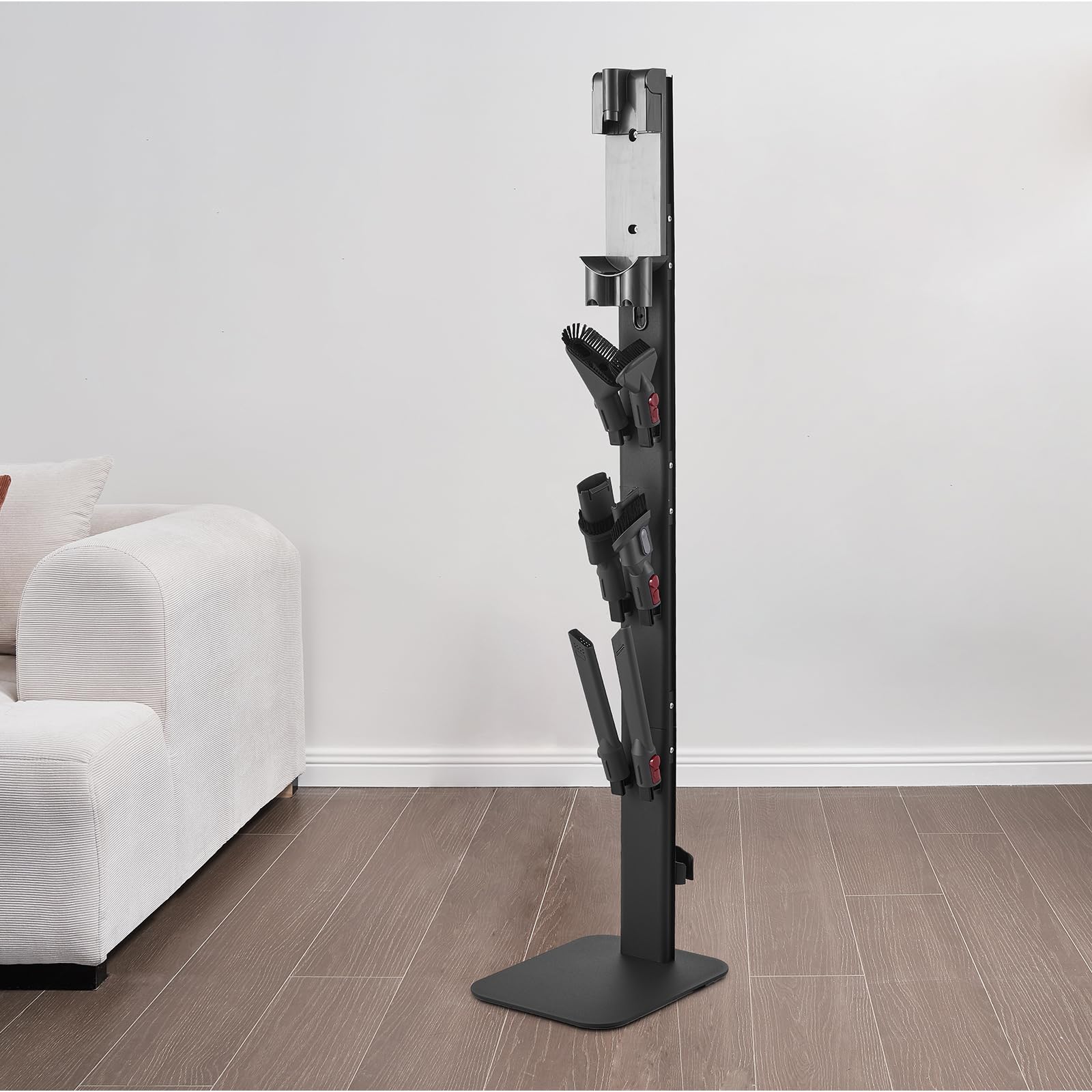 VEVOR Support d'Aspirateur pour Dyson G5, V15, V12, V11, V10, V8, V7, V6, Porte-aspirateur Vertical Rangement Stable avec Accessoires, 6 Crochets et Patins Antidérapants, pour Espaces Restreints, Noir