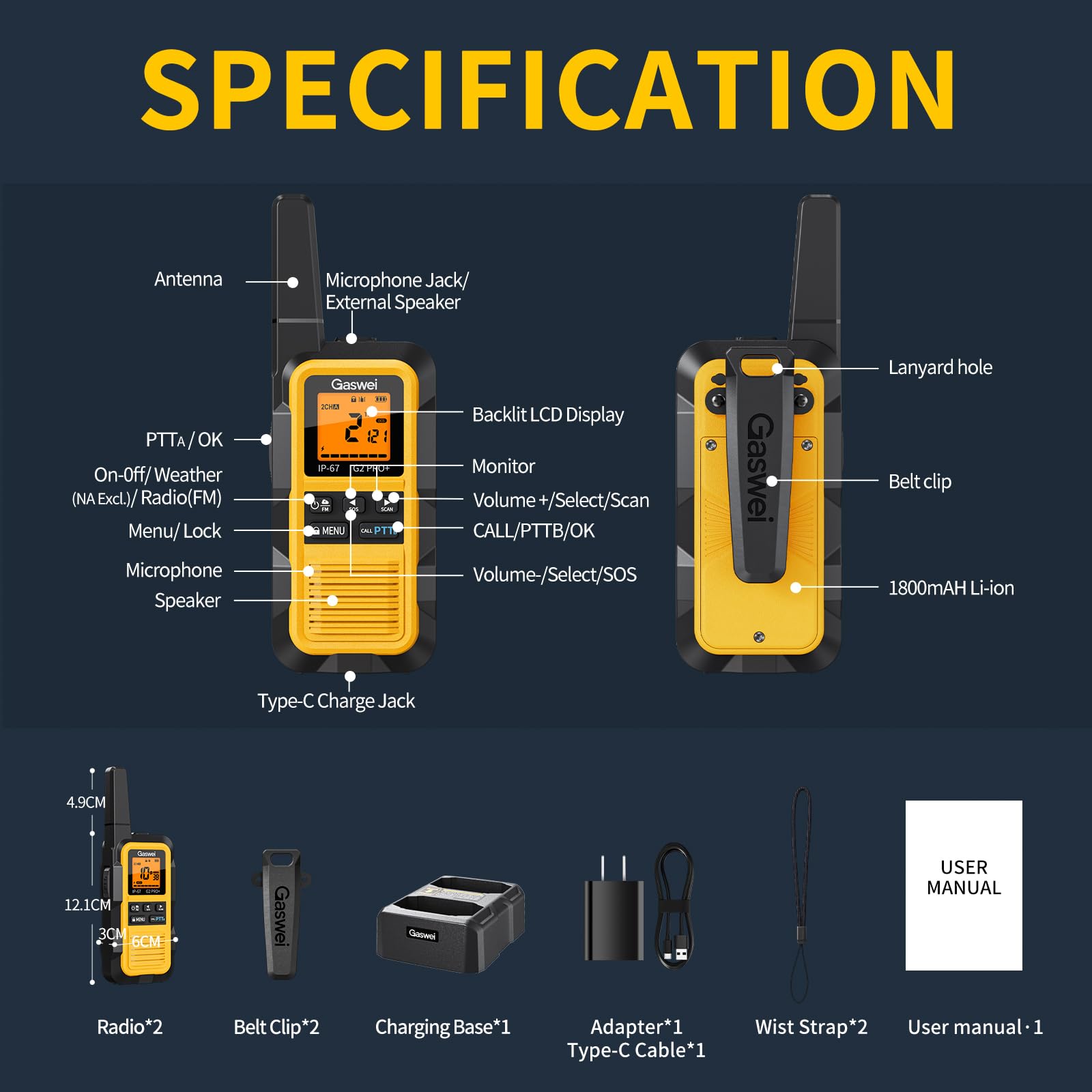 IP67 Waterproof & Floats with Dual PTT | G2Pro Professional Long Range Walkie Talkies for Adults 2 Pack | SOS Alarm, FM Radio, Rechargeable for Outdoor, Camping & Work (Yellow) — view 9