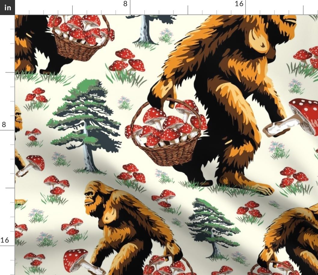 Spoonflower Fabric - Bigfoot Mushroom Foraging Whimsical Funny Quirky Sasquatch Green Brown Printed on Cotton Poplin Fabric by The Yard - Sewing Shirting Quilting Dresses Apparel Crafts